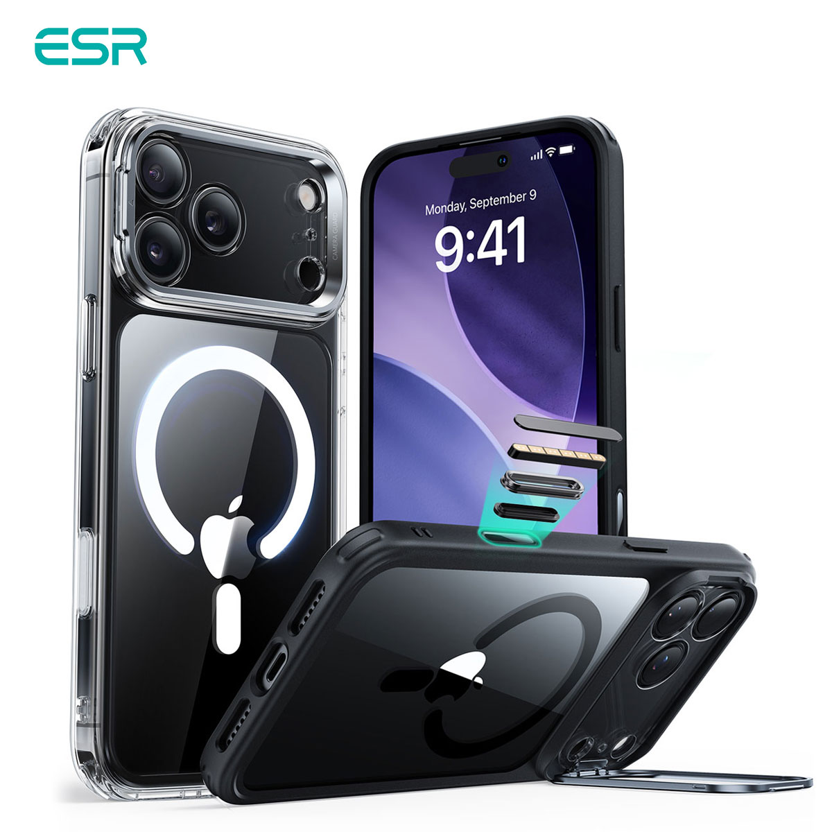 国内正規品 ESR iPhone17/Air/17Pro/17ProMax 米軍MIL規格 Classic スタンド付きハイブリッドケース 透明カバー