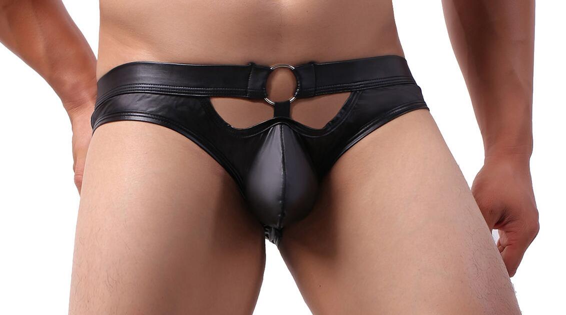 メンズセクシーOバック　フロント上穴あき　PUレザーOバック　センターリング　ケツ割れ　フロントもっこり　サイズ大きめ　ウエストバ..
