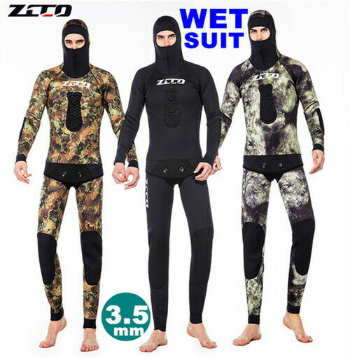 ウェットスーツ 3.5mm フード付き 2ピース ダイビング スピアフィッシング スキューバ フルスーツ マリ..