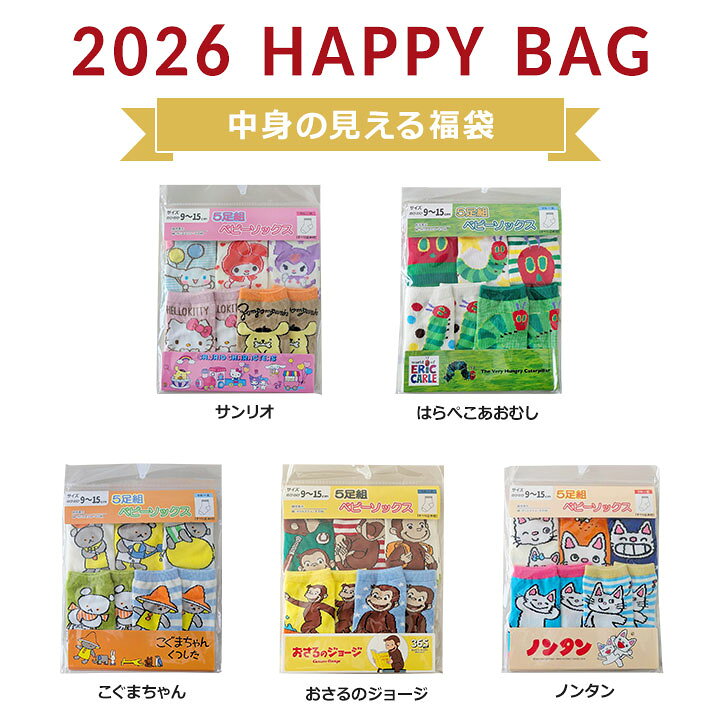 福袋 2026 靴下 キッズ 子ども サンリオ キャラクター ノンタン ベビー 女の子 男の子 靴下 5足セット 福袋 2026年 ソックス 赤ちゃん はらぺこあおむし sanrio おさるのジョージ こぐまちゃん 幼稚園 保育園 幼児 6カ月 1歳 2歳 3歳