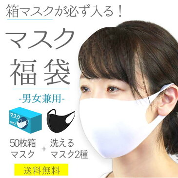 マスク 福袋 大人 【 50枚箱マスク + 洗えるマスク2種 】 男性 女性 在庫あり 送料無料 原価マスク / 使い捨てマスク 1箱50枚( プリーツ ノーズワイヤー ) + 洗えるマスクは 布マスク OR ウレタン OR 綿100% 等から2種お届け！ / 男女兼用 セット メンズ レディース