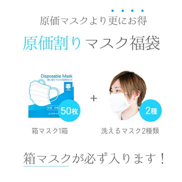 マスク 福袋 大人 【 50枚箱マスク + 洗えるマスク2種 】 男性 女性 在庫あり 送料無料 原価マスク / 使い捨てマスク 1箱50枚( プリーツ ノーズワイヤー ) + 洗えるマスクは 布マスク OR ウレタン OR 綿100% 等から2種お届け！ / 男女兼用 セット メンズ レディース