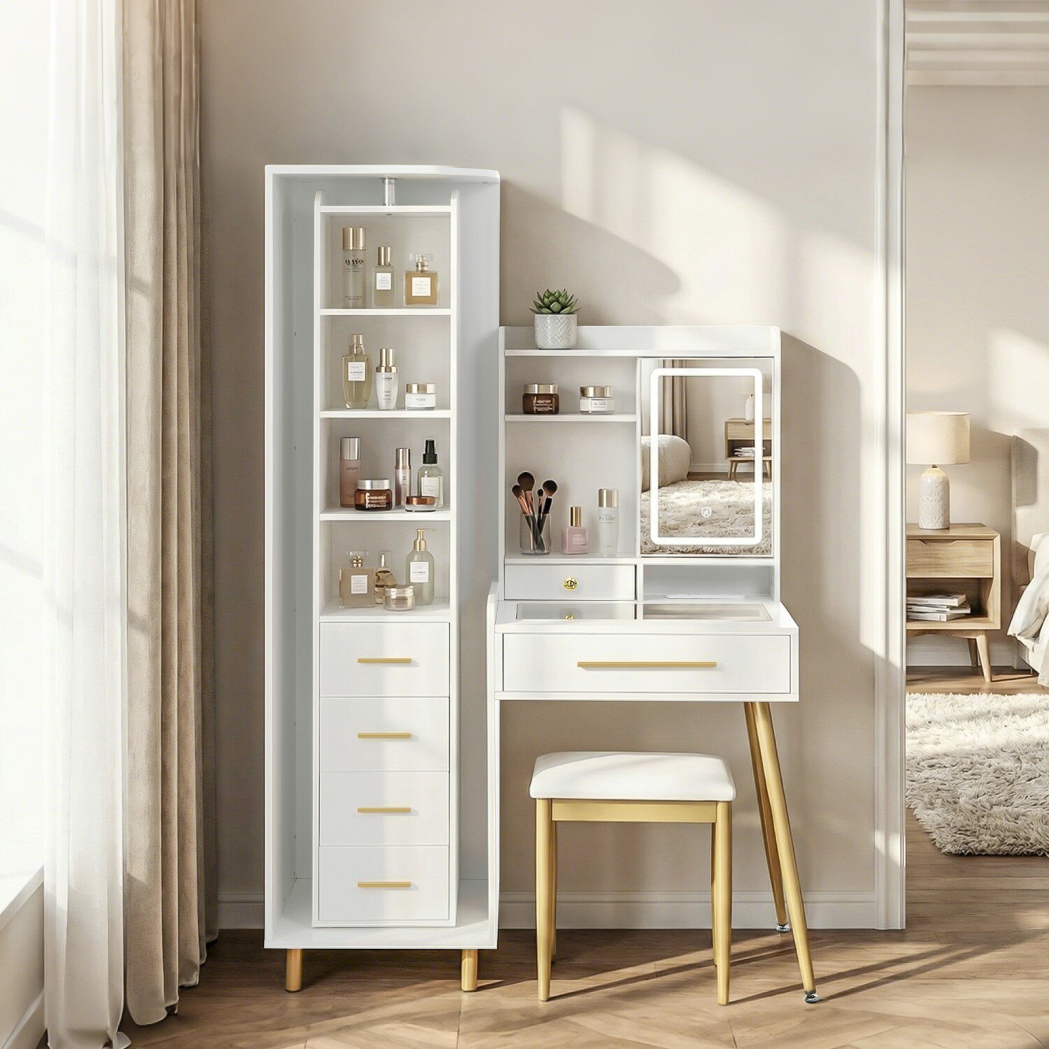 One-Mirror Dressers - 全身鏡付き化粧台ドレッサー 化粧台 コンセント付き 3色LED調光ライト 収納力抜群 テーブル 椅子 引き出し収納 棚付き 大容量収納 鏡台 女優ミラー 引き出し 収納 椅子 セット 収納スペース メイク台 シンプル 大容量 可愛い