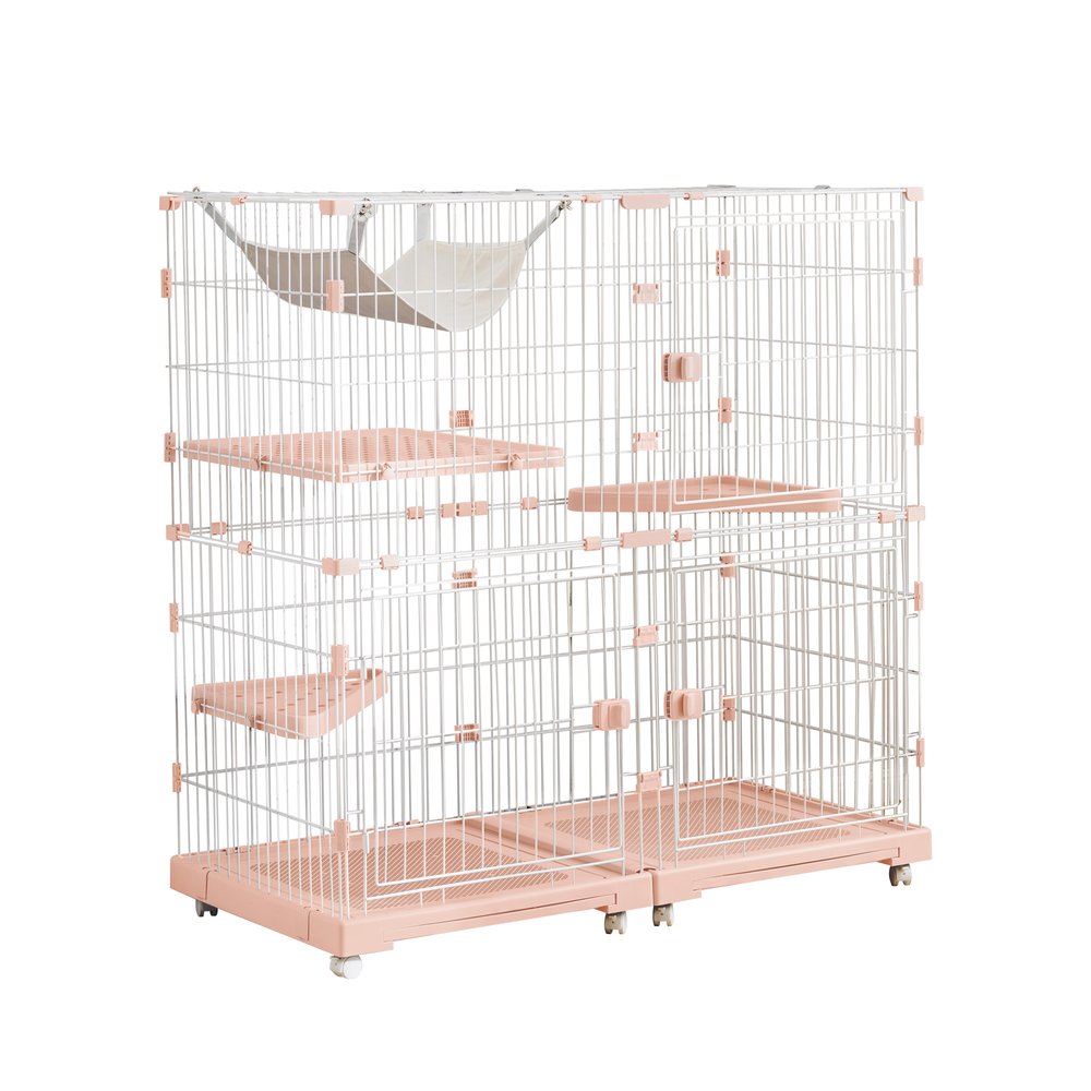 Cages - 猫 ケージ キャットケージ 2段 幅広設計 自由組み合わせ ハンモック付き 大型 猫ゲージ 高級感 おしゃれ キャットハウス ネコ ハウス 多段 留守番 スチール 【ピンク】