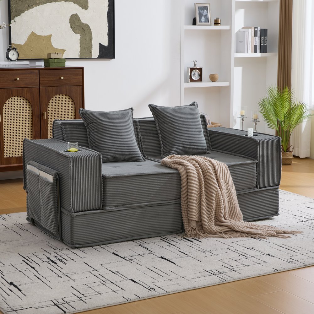 Separate Sofas - ソファーベッド 2人掛け 3人掛け 組み合わせ自由 模?式 ソファセット 収納付き カップホルダー付き クッション2個付 北欧 おしゃれ 完成品 省スペース 圧縮梱包
