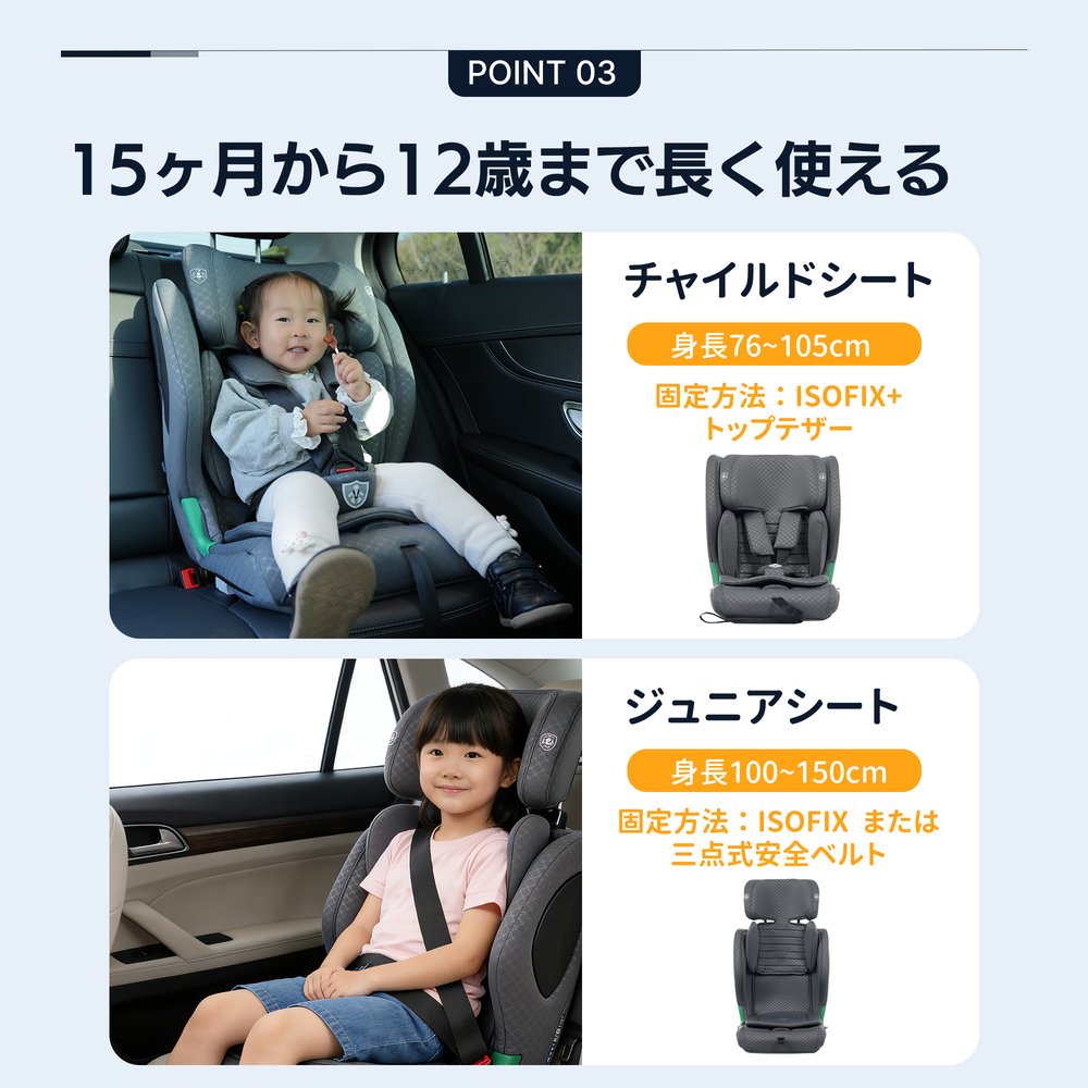 【ドリンクホルダー付き】チャイルドシート 折り畳み可能 ISOFIX 15か月-12歳 76～...