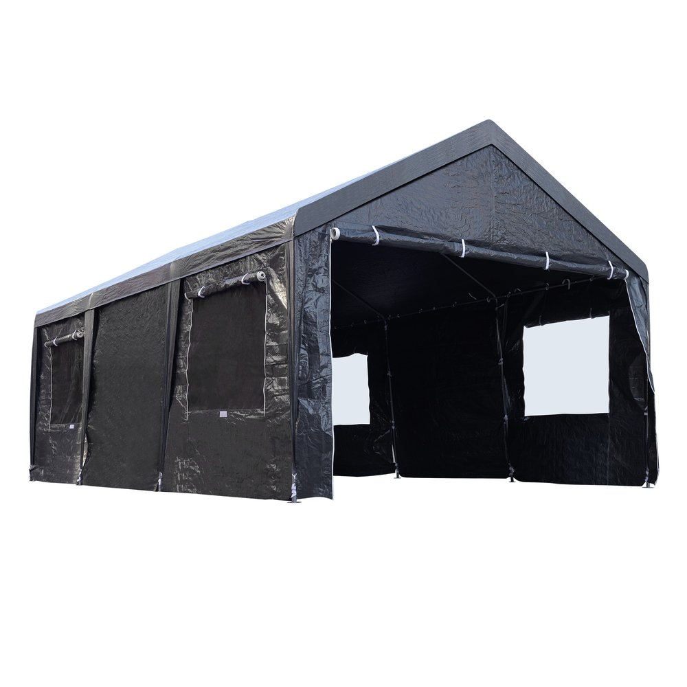 乐天商城 - 【UPF50 UVカット&防雨】テント 車庫テント ガレージテント 車庫 お祭り 倉庫 3.6×5.9×2.9m ガレージテント カーポート 軽自動車用 大型 仮設倉庫 タープテント【ブラック】