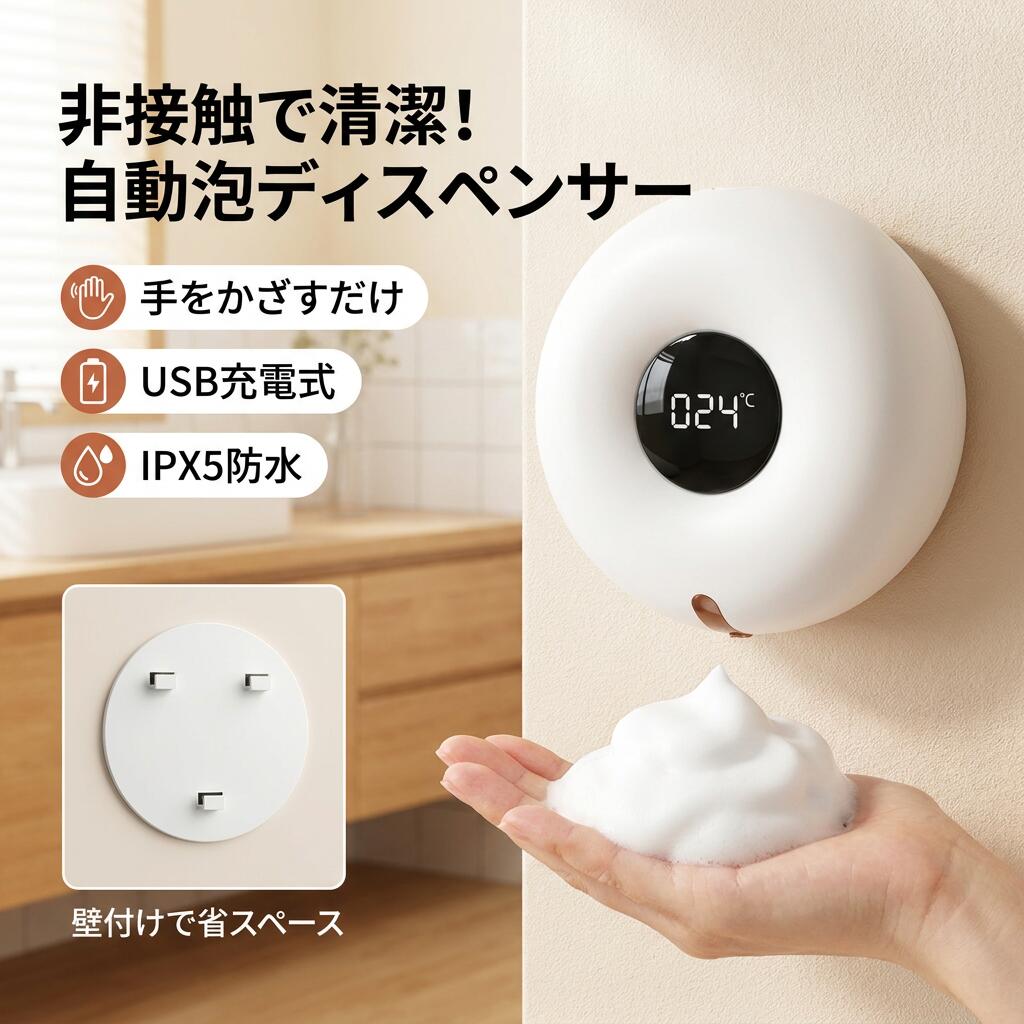 【非接触で清潔】ソープディスペンサー 泡 壁付け 自動 USB充電 室温表示 小型 ハンドソープ 泡で出てくる 手洗泡石鹸機 タッチ式 水入れ 大容量 三段階調整可能 ポイント消化 プレゼント ギフト 人気 おすすめ 新生活 母の日 父の日 誕生日