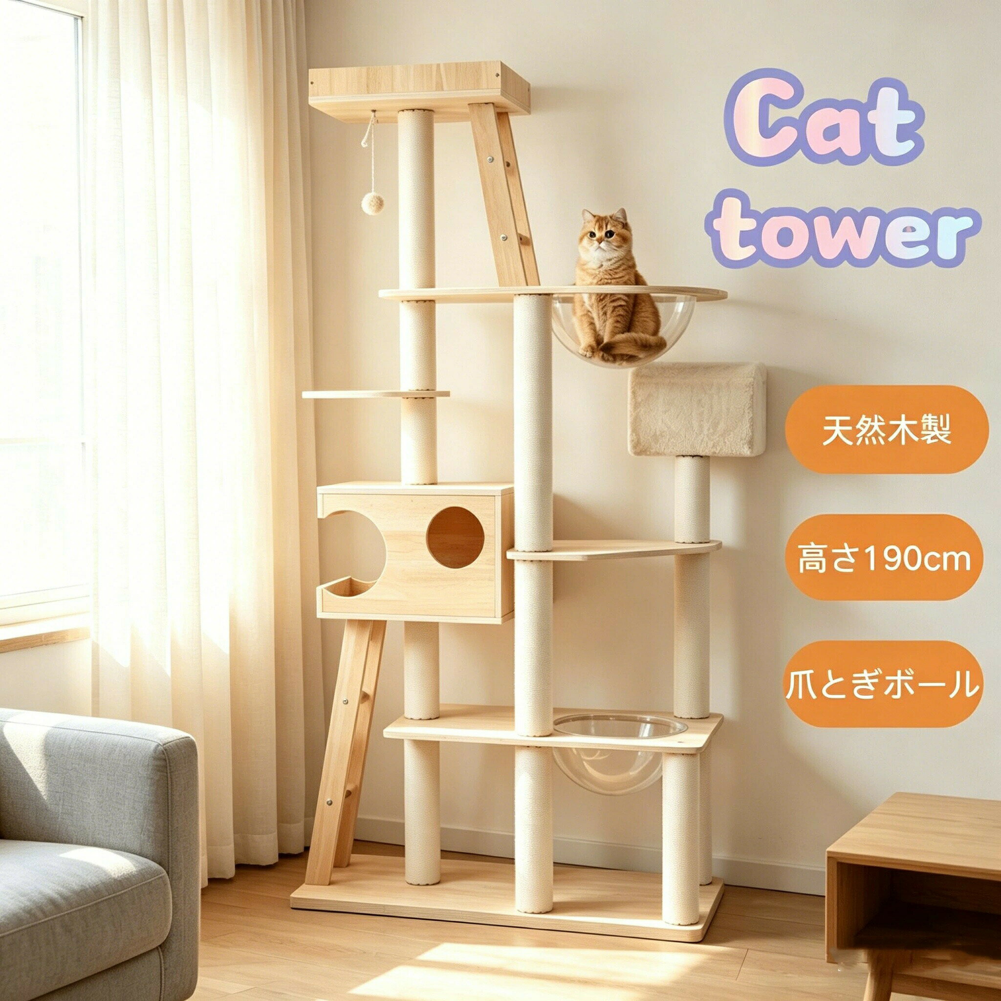 樂天商城 - 猫タワー キャットツリー 最短当日発送 高さ190cm 木製 多頭飼い対応 宇宙船付き 据え置き 高安定設計 ハンモック付 爪とぎポール 大型猫対応 省スペース MS HOMEシリーズ