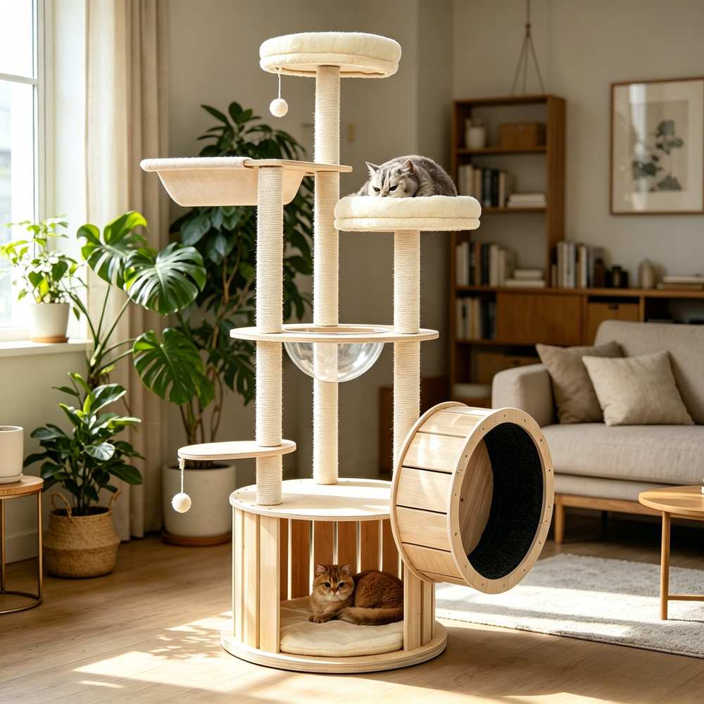 【商品詳細】商品情報素材木製、天然麻ロープカラー：ナチュラル商品サイズ(約)：175.5×85CM梱包サイズ(約)：68×68×33CM梱包個数：1商品重量約22.3KG生産国：中国組立品/完成品：組立品梱包重量約24.8KG【セールスポイント】【運動不足解消ランニングホイール搭載】室内でもしっかり運動できるランニングホイールを備え、元気いっぱいの猫ちゃんの運動不足を解消するほか、下部には取り外し可能なクッション付き隠れ家も完備し、くつろぎとフィットネスを両立できます。【多頭飼いも安心の安定木製構造】三角安定サポートの頑丈な木製構造を採用し、複数の猫ちゃんが同時に遊んでも転倒の心配がなく、多頭飼いのご家庭でも安心してお使いいただけます。【猫好みの3種類のくつろぎスペース】U字型フィットベッド・まんまる展望台・360°視野の透明宇宙船を搭載し、高所好き・隠れ家好きなど猫ちゃんの性格に合わせて、安心してお昼寝やくつろぎを楽しめます。【7ヶ所の天然麻爪とぎ柱で家具保護】耐久性に優れた天然麻ロープを巻き付けた爪とぎ柱を7ヶ所設置し、猫ちゃんが存分にバリバリ爪を研げるため、家具の傷つきを防ぎながらストレス発散をサポートします。【猫心くすぐる遊び工夫が満載】ゆらゆら揺れるおもちゃ2ヶ所、登りやすい階段ステップなど猫ちゃんの好奇心をくすぐる工夫が満載で、子猫からジャンプ苦手の猫ちゃんまで、年齢を問わず楽しめます。【材質】Solid Wood【サイズ】69 x 67 x 34 cm【重量】24.8 kg【商品詳細】商品情報素材木製、天然麻ロープカラー：ナチュラル商品サイズ(約)：175.5×85CM梱包サイズ(約)：68×68×33CM梱包個数：1商品重量約22.3KG生産国：中国組立品/完成品：組立品梱包重量約24.8KG【セールスポイント】【運動不足解消ランニングホイール搭載】室内でもしっかり運動できるランニングホイールを備え、元気いっぱいの猫ちゃんの運動不足を解消するほか、下部には取り外し可能なクッション付き隠れ家も完備し、くつろぎとフィットネスを両立できます。【多頭飼いも安心の安定木製構造】三角安定サポートの頑丈な木製構造を採用し、複数の猫ちゃんが同時に遊んでも転倒の心配がなく、多頭飼いのご家庭でも安心してお使いいただけます。【猫好みの3種類のくつろぎスペース】U字型フィットベッド・まんまる展望台・360°視野の透明宇宙船を搭載し、高所好き・隠れ家好きなど猫ちゃんの性格に合わせて、安心してお昼寝やくつろぎを楽しめます。【7ヶ所の天然麻爪とぎ柱で家具保護】耐久性に優れた天然麻ロープを巻き付けた爪とぎ柱を7ヶ所設置し、猫ちゃんが存分にバリバリ爪を研げるため、家具の傷つきを防ぎながらストレス発散をサポートします。【猫心くすぐる遊び工夫が満載】ゆらゆら揺れるおもちゃ2ヶ所、登りやすい階段ステップなど猫ちゃんの好奇心をくすぐる工夫が満載で、子猫からジャンプ苦手の猫ちゃんまで、年齢を問わず楽しめます。【材質】Solid Wood【サイズ】69 x 67 x 34 cm【重量】24.8 kg