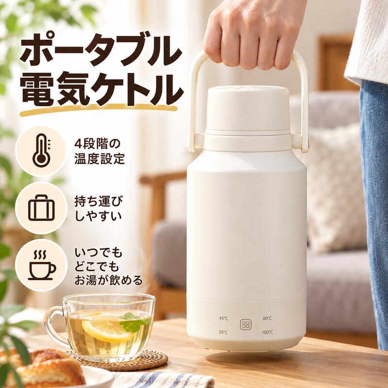 商品説明商品情報：旅行先や車内、オフィスなどで温かい飲みものを用意したい方に向けた、持ち運びしやすいポータブル電気ケトルです。1.2Lの大容量で、白湯、お茶、コーヒー、ミルク作りなど幅広い用途に使えます。6段階温度設定、最大約10時間保温、2WAYフタなど、外出先でも使いやすい仕様です。商品詳細：・商品名：携帯型電気湯沸かしポット・容量：約1.2L・定格電圧：100V・サイズ：約165×125×250mm・温度設定：6段階温度設定・保温時間：最大約10時間・内側素材：316ステンレス・構造：二重真空構造・カラー：ホワイト、グリーン・主な機能：2WAYフタ、NTC温度制御、360°二重密閉、広口設計、着脱式電源コード商品特徴：・1.2Lの大容量で、ひとり分はもちろん複数人での使用にも便利です。・6段階温度設定で、白湯、お茶、コーヒー、ミルク作りなど用途に合わせて使い分けできます。・最大約10時間の保温に対応し、朝に準備した飲みものを外出先でも使いやすい設計です。・316ステンレス採用で、毎日使う飲みもの用として扱いやすい仕様です。・二重真空構造、NTC温度制御、通気構造により、使いやすさと温度管理に配慮しています。・2WAYフタ、持ちやすいハンドル、広口設計、着脱式電源コードで、持ち運びやお手入れにも配慮しています。使用方法：1. 水量が上限を超えないように水を入れます。2. 飲みものや用途に合わせて温度を設定します。3. 使用中は本体や飲み口が熱くなる場合があるため、ご注意ください。4. ミルク作りに使用する場合は、必ず適温を確認してからご使用ください。5. 使用後は洗浄し、十分に乾燥させてから保管してください。※お湯を沸かす際は、飲用カップのフタを開けてご使用ください。※定格電圧100Vをご確認のうえご使用ください。Q&A：Q1. 何L入りますか？A1. 約1.2Lです。ひとり分から複数人での使用まで、幅広い用途に使いやすい容量です。Q2. どんな飲みものに使えますか？A2. 白湯、お茶、コーヒー、ミルク作りなどにご使用いただけます。用途に合わせて温度を調整できます。Q3. 車内や旅行先でも使えますか？A3. 持ち運びを想定したポータブル仕様です。ご使用環境や電源条件をご確認のうえお使いください。Q4. お手入れはしやすいですか？A4. 広口設計で洗いやすさに配慮しています。使用後は洗浄し、十分に乾燥させて保管してください。Q5. 保温時間はどのくらいですか？A5. 最大約10時間です。ただし、水量、設定温度、使用環境により異なります。関連キーワード：電気ケトル ポータブル 電気ケトル 携帯 ケトル 小型電気ケトル ミニケトル 電気ポット 湯沸かし器 携帯型電気ケトル 旅行用電気ケトル 車載用電気ケトル オフィス用電気ケトル ホテル用電気ケトル 出張用電気ケトル 1.2L 電気ケトル 大容量 電気ケトル 6段階温度設定 電気ケトル 保温 電気ケトル 10時間保温 電気ケトル 316ステンレス 二重構造 電気ケトル 2WAYフタ 着脱式電源コード 広口設計 NTC温度制御 360度密閉 ポータブル 湯沸かし器 携帯ポット 電気湯沸かしポット 白湯 お茶 コーヒー ミルク作り 旅行 車内 オフィス ホテル 出張 キャンプ 釣り アウトドア スポーツ観戦 一人暮らし ひとり暮らし 家族 会社員 学生 省スペース 持ち運びやすい お手入れしやすい 温度調節 保温機能 軽量 コンパクト ホワイト グリーンご注意：モニター環境や撮影時の光により色味が異なる場合があります。サイズは手作業測定のため若干の誤差が生じる場合があります。生産時期や包装ロットにより細部仕様やパッケージが変更される場合があります。配送中の外箱破損は商品本体の使用に問題がない場合、返品交換対象外となる場合があります。在庫は随時変動し、ご注文のタイミングにより欠品となる場合があります。お客様による破損、誤使用、改造、分解は保証対象外です。沖縄県および離島地域は別途送料2500円を頂戴いたします。商品説明商品情報：旅行先や車内、オフィスなどで温かい飲みものを用意したい方に向けた、持ち運びしやすいポータブル電気ケトルです。1.2Lの大容量で、白湯、お茶、コーヒー、ミルク作りなど幅広い用途に使えます。6段階温度設定、最大約10時間保温、2WAYフタなど、外出先でも使いやすい仕様です。商品詳細：・商品名：携帯型電気湯沸かしポット・容量：約1.2L・定格電圧：100V・サイズ：約165×125×250mm・温度設定：6段階温度設定・保温時間：最大約10時間・内側素材：316ステンレス・構造：二重真空構造・カラー：ホワイト、グリーン・主な機能：2WAYフタ、NTC温度制御、360°二重密閉、広口設計、着脱式電源コード商品特徴：・1.2Lの大容量で、ひとり分はもちろん複数人での使用にも便利です。・6段階温度設定で、白湯、お茶、コーヒー、ミルク作りなど用途に合わせて使い分けできます。・最大約10時間の保温に対応し、朝に準備した飲みものを外出先でも使いやすい設計です。・316ステンレス採用で、毎日使う飲みもの用として扱いやすい仕様です。・二重真空構造、NTC温度制御、通気構造により、使いやすさと温度管理に配慮しています。・2WAYフタ、持ちやすいハンドル、広口設計、着脱式電源コードで、持ち運びやお手入れにも配慮しています。使用方法：1. 水量が上限を超えないように水を入れます。2. 飲みものや用途に合わせて温度を設定します。3. 使用中は本体や飲み口が熱くなる場合があるため、ご注意ください。4. ミルク作りに使用する場合は、必ず適温を確認してからご使用ください。5. 使用後は洗浄し、十分に乾燥させてから保管してください。※お湯を沸かす際は、飲用カップのフタを開けてご使用ください。※定格電圧100Vをご確認のうえご使用ください。Q&A：Q1. 何L入りますか？A1. 約1.2Lです。ひとり分から複数人での使用まで、幅広い用途に使いやすい容量です。Q2. どんな飲みものに使えますか？A2. 白湯、お茶、コーヒー、ミルク作りなどにご使用いただけます。用途に合わせて温度を調整できます。Q3. 車内や旅行先でも使えますか？A3. 持ち運びを想定したポータブル仕様です。ご使用環境や電源条件をご確認のうえお使いください。Q4. お手入れはしやすいですか？A4. 広口設計で洗いやすさに配慮しています。使用後は洗浄し、十分に乾燥させて保管してください。Q5. 保温時間はどのくらいですか？A5. 最大約10時間です。ただし、水量、設定温度、使用環境により異なります。関連キーワード：電気ケトル ポータブル 電気ケトル 携帯 ケトル 小型電気ケトル ミニケトル 電気ポット 湯沸かし器 携帯型電気ケトル 旅行用電気ケトル 車載用電気ケトル オフィス用電気ケトル ホテル用電気ケトル 出張用電気ケトル 1.2L 電気ケトル 大容量 電気ケトル 6段階温度設定 電気ケトル 保温 電気ケトル 10時間保温 電気ケトル 316ステンレス 二重構造 電気ケトル 2WAYフタ 着脱式電源コード 広口設計 NTC温度制御 360度密閉 ポータブル 湯沸かし器 携帯ポット 電気湯沸かしポット 白湯 お茶 コーヒー ミルク作り 旅行 車内 オフィス ホテル 出張 キャンプ 釣り アウトドア スポーツ観戦 一人暮らし ひとり暮らし 家族 会社員 学生 省スペース 持ち運びやすい お手入れしやすい 温度調節 保温機能 軽量 コンパクト ホワイト グリーンご注意：モニター環境や撮影時の光により色味が異なる場合があります。サイズは手作業測定のため若干の誤差が生じる場合があります。生産時期や包装ロットにより細部仕様やパッケージが変更される場合があります。配送中の外箱破損は商品本体の使用に問題がない場合、返品交換対象外となる場合があります。在庫は随時変動し、ご注文のタイミングにより欠品となる場合があります。お客様による破損、誤使用、改造、分解は保証対象外です。沖縄県および離島地域は別途送料2500円を頂戴いたします。