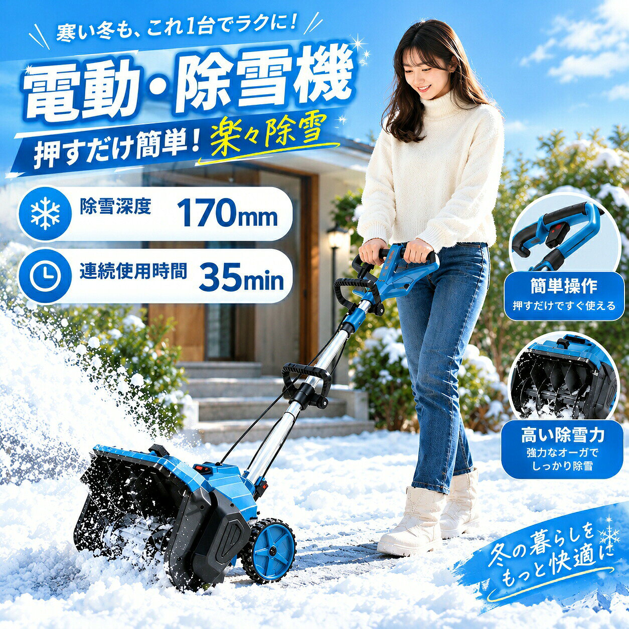 【2026新登場強化版】 除雪機 電動除雪機 電動 家庭用電動除雪機 雪かき機 おしゃれ マキタバッテリー対応 除雪用品 小型軽量 コードレス 30cm除雪幅 17cm除雪高 180°吹雪方向調整 スノーショベル 雪スコップ ブラシレスモーター 手押し式折り畳み SHINPURU PSE認証済み【補助輪除雪機】折りたたみ式除雪機 ブラシレスモータ 除雪機 スノー除雪機 スノーブロワー 伸縮式ポール 手押し式 ハンドル付き コードレス 安全スイッチ 除雪用具 工場 学校5【2026新登場強化版】 除雪機 電動除雪機 電動 家庭用電動除雪機 雪かき機 おしゃれ マキタバッテリー対応 除雪用品 小型軽量 コードレス 30cm除雪幅 17cm除雪高 180°吹雪方向調整 スノーショベル 雪スコップ ブラシレスモーター 手押し式折り畳み SHINPURU PSE認証済み 【補助輪除雪機】折りたたみ式除雪機 ブラシレスモータ 除雪機 スノー除雪機 スノーブロワー 伸縮式ポール 手押し式 ハンドル付き コードレス 安全スイッチ 除雪用具 工場 学校5商品情報【高効率除雪性能】この電動除雪機は、30cmの除雪幅と17cmの除雪深さで、大部分の積雪を効率的に取り除くことができます。家庭用に最適な除雪機として、道路や車道、小規模な商業施設、学校、住宅地など、あらゆる環境に対応します。従来の手動スコップや除雪スコップ 電動と比較して、電動除雪機 スコップは作業効率を大幅に向上させ、時間と労力を節約できます。電動除雪機を使用することで、広範囲の除雪作業も簡単にこなせます【2026年駆動部品のアップグレード】2026年最新版の除雪機では、従来モデルで発生していたローターの空転（スリップ）問題を解消しました。自転車の駆動ベルトと同じ原理の小型ベルトを採用しており、従来のV字型ベルトを使用する除雪機に比べて、ローターが空回りすることなく安定した動作を実現します。【環境にやさしい高効率設計】ガソリン式除雪機と比較して、電動除雪機は環境にやさしく、排気ガスや有害物質を一切排出しません。燃料も不要で、環境負荷を大幅に軽減します。さらに、高効率モーターによりエネルギーの無駄を削減し、持続可能でエコな除雪機となっています。【軽量で簡単操作】軽量で扱いやすい設計により、誰でも簡単に操作できます。シンプルなコントロールシステムで直感的に使えるため、若い方や高齢の方、初心者の方にも安心してお使いいただけます。持ち運びも容易で、日常的な除雪作業に最適です。【安全設計】ユーザーの安全性を考慮した設計です。安全スイッチボタンを採用しており、正しく操作した場合のみ起動するため、誤作動によるケガを防ぎます。また、ガソリン式除雪機と比べて振動や騒音が少なく、住宅街や商業地域でも安心して使用できます。【伸縮可能】120～160cm伸縮可能で、さまざまな身長の人に適応します。電動除雪機 は一般に軽量で操作が簡単になるように設計されており、幅広いユーザーに最適です。 軽量設計により持ち運びや操作が容易で、シンプルな制御システムにより操作がより直感的で使いやすくなっています。 これは、若者、高齢者、または経験の浅いユーザーにとって重要な利点です。【左右 30° 自在調整、吹雪方向柔軟操作】この電動除雪機は、左右 30° の吹雪方向調整機能を搭載。除雪した雪を簡単に指定場所へ飛ばせ、手動での方向調整の手間を省き、作業がスムーズに。電動除雪機ならではの操作性で、除雪機を何度も移動することなく正確に雪を飛ばせ、家庭用除雪機として非常に便利です。【大容量バッテリー】新型除雪機はパワー表示を搭載し、さらに使いやすくなりました。電動除雪機 は3.0Ahの大容量バッテリーを搭載しています。 高性能バッテリーを搭載した 除雪 車は長時間駆動が可能で、バッテリー持続時間は30分となっており、一度の充電で長時間の 除雪 作業が可能です。 これにより、使用の自由度が高まるだけでなく、使用中に頻繁に充電する必要がなくなり、より便利な使用体験が得られます。【ブラシレスモーター】電動除雪機 は強力な電気駆動システムを搭載しており、広範囲の雪を迅速かつ効果的に 除雪 できます。 ブラシレスモーターは最大1800Wのパワーと3000rpmの回転数で除雪も楽に行えます。 幅30cm程度の道路ならすぐにクリアできます。 簡単な操作で車道や歩道などの 除雪 を素早く行い、安全な通行を確保します。【製品サイズ】型番：YL-4021清掃幅：30cm清掃深さ：17cmアイドリング回転数：3000rpm消費電力：1500W折りたたみ時の高さ：65cm伸長時の高さ：120cm伸長時の高さ：160cm投雪方向：左右 30重量：6.0KG【家庭用除雪機として最適】玄関前、通路、屋根、ウッドデッキなどご家庭の除雪にぴったり。Q&AQ駆動時間はどのくらいですかA:バッテリー1つで25～40分持続します。実際のバッテリー性能は、温度や使用状況によって異なる場合があります。Q:様々な身長の人が使用するのに適していますかA:ハンドルは高さ調節可能で、様々な身長のユーザーに対応します。大切な方への贈り物としても最適な選択です。Q:深い雪でも使用できますかA:当コードレス雪かきシャベルは、最大約30センチ（12インチ）の深さの雪に対応できます。パウダースノーに最適です。Q:安全スイッチは付いていますかA:はい、安全スイッチが付いています。さらに安全性を高めるため、誤作動を防ぐデュアルスイッチ機構を備えており、毎回確実かつ安全に雪かき作業を行えます。Q:重い雪にも対応できますかA:このコードレス雪かきシャベルは、軽くふわふわした雪の除去に理想的で、最大処理可能な積雪深度は約17センチ（6.6インチ）です。【2026新登場強化版】 除雪機 電動除雪機 電動 家庭用電動除雪機 雪かき機 おしゃれ マキタバッテリー対応 除雪用品 小型軽量 コードレス 30cm除雪幅 17cm除雪高 180°吹雪方向調整 スノーショベル 雪スコップ ブラシレスモーター 手押し式折り畳み SHINPURU PSE認証済み【補助輪除雪機】折りたたみ式除雪機 ブラシレスモータ 除雪機 スノー除雪機 スノーブロワー 伸縮式ポール 手押し式 ハンドル付き コードレス 安全スイッチ 除雪用具 工場 学校5【2026新登場強化版】 除雪機 電動除雪機 電動 家庭用電動除雪機 雪かき機 おしゃれ マキタバッテリー対応 除雪用品 小型軽量 コードレス 30cm除雪幅 17cm除雪高 180°吹雪方向調整 スノーショベル 雪スコップ ブラシレスモーター 手押し式折り畳み SHINPURU PSE認証済み 【補助輪除雪機】折りたたみ式除雪機 ブラシレスモータ 除雪機 スノー除雪機 スノーブロワー 伸縮式ポール 手押し式 ハンドル付き コードレス 安全スイッチ 除雪用具 工場 学校5商品情報【高効率除雪性能】この電動除雪機は、30cmの除雪幅と17cmの除雪深さで、大部分の積雪を効率的に取り除くことができます。家庭用に最適な除雪機として、道路や車道、小規模な商業施設、学校、住宅地など、あらゆる環境に対応します。従来の手動スコップや除雪スコップ 電動と比較して、電動除雪機 スコップは作業効率を大幅に向上させ、時間と労力を節約できます。電動除雪機を使用することで、広範囲の除雪作業も簡単にこなせます【2026年駆動部品のアップグレード】2026年最新版の除雪機では、従来モデルで発生していたローターの空転（スリップ）問題を解消しました。自転車の駆動ベルトと同じ原理の小型ベルトを採用しており、従来のV字型ベルトを使用する除雪機に比べて、ローターが空回りすることなく安定した動作を実現します。【環境にやさしい高効率設計】ガソリン式除雪機と比較して、電動除雪機は環境にやさしく、排気ガスや有害物質を一切排出しません。燃料も不要で、環境負荷を大幅に軽減します。さらに、高効率モーターによりエネルギーの無駄を削減し、持続可能でエコな除雪機となっています。【軽量で簡単操作】軽量で扱いやすい設計により、誰でも簡単に操作できます。シンプルなコントロールシステムで直感的に使えるため、若い方や高齢の方、初心者の方にも安心してお使いいただけます。持ち運びも容易で、日常的な除雪作業に最適です。【安全設計】ユーザーの安全性を考慮した設計です。安全スイッチボタンを採用しており、正しく操作した場合のみ起動するため、誤作動によるケガを防ぎます。また、ガソリン式除雪機と比べて振動や騒音が少なく、住宅街や商業地域でも安心して使用できます。【伸縮可能】120～160cm伸縮可能で、さまざまな身長の人に適応します。電動除雪機 は一般に軽量で操作が簡単になるように設計されており、幅広いユーザーに最適です。 軽量設計により持ち運びや操作が容易で、シンプルな制御システムにより操作がより直感的で使いやすくなっています。 これは、若者、高齢者、または経験の浅いユーザーにとって重要な利点です。【左右 30° 自在調整、吹雪方向柔軟操作】この電動除雪機は、左右 30° の吹雪方向調整機能を搭載。除雪した雪を簡単に指定場所へ飛ばせ、手動での方向調整の手間を省き、作業がスムーズに。電動除雪機ならではの操作性で、除雪機を何度も移動することなく正確に雪を飛ばせ、家庭用除雪機として非常に便利です。【大容量バッテリー】新型除雪機はパワー表示を搭載し、さらに使いやすくなりました。電動除雪機 は3.0Ahの大容量バッテリーを搭載しています。 高性能バッテリーを搭載した 除雪 車は長時間駆動が可能で、バッテリー持続時間は30分となっており、一度の充電で長時間の 除雪 作業が可能です。 これにより、使用の自由度が高まるだけでなく、使用中に頻繁に充電する必要がなくなり、より便利な使用体験が得られます。【ブラシレスモーター】電動除雪機 は強力な電気駆動システムを搭載しており、広範囲の雪を迅速かつ効果的に 除雪 できます。 ブラシレスモーターは最大1800Wのパワーと3000rpmの回転数で除雪も楽に行えます。 幅30cm程度の道路ならすぐにクリアできます。 簡単な操作で車道や歩道などの 除雪 を素早く行い、安全な通行を確保します。【製品サイズ】型番：YL-4021清掃幅：30cm清掃深さ：17cmアイドリング回転数：3000rpm消費電力：1500W折りたたみ時の高さ：65cm伸長時の高さ：120cm伸長時の高さ：160cm投雪方向：左右 30重量：6.0KG【家庭用除雪機として最適】玄関前、通路、屋根、ウッドデッキなどご家庭の除雪にぴったり。Q&AQ駆動時間はどのくらいですかA:バッテリー1つで25～40分持続します。実際のバッテリー性能は、温度や使用状況によって異なる場合があります。Q:様々な身長の人が使用するのに適していますかA:ハンドルは高さ調節可能で、様々な身長のユーザーに対応します。大切な方への贈り物としても最適な選択です。Q:深い雪でも使用できますかA:当コードレス雪かきシャベルは、最大約30センチ（12インチ）の深さの雪に対応できます。パウダースノーに最適です。Q:安全スイッチは付いていますかA:はい、安全スイッチが付いています。さらに安全性を高めるため、誤作動を防ぐデュアルスイッチ機構を備えており、毎回確実かつ安全に雪かき作業を行えます。Q:重い雪にも対応できますかA:このコードレス雪かきシャベルは、軽くふわふわした雪の除去に理想的で、最大処理可能な積雪深度は約17センチ（6.6インチ）です。