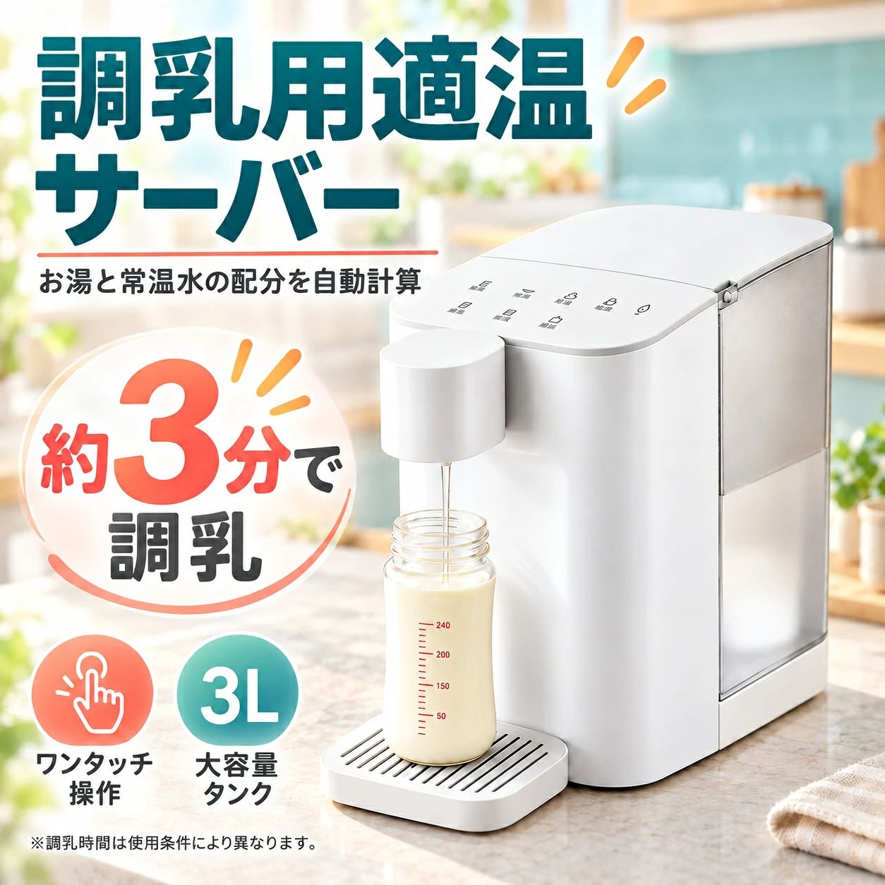 調乳ポット 調乳用適温サーバー ミルクポット 電気ポット ミルク作り お湯と常温水の配分を自動計算 温度調節 定量給水 ワンタッチ操作 消音機能 ナイトモード チャイルドロック コンパクト スリム設計 夜間授乳 粉ミルク キューブ対応 授乳用品 ベビー用品 出産準備