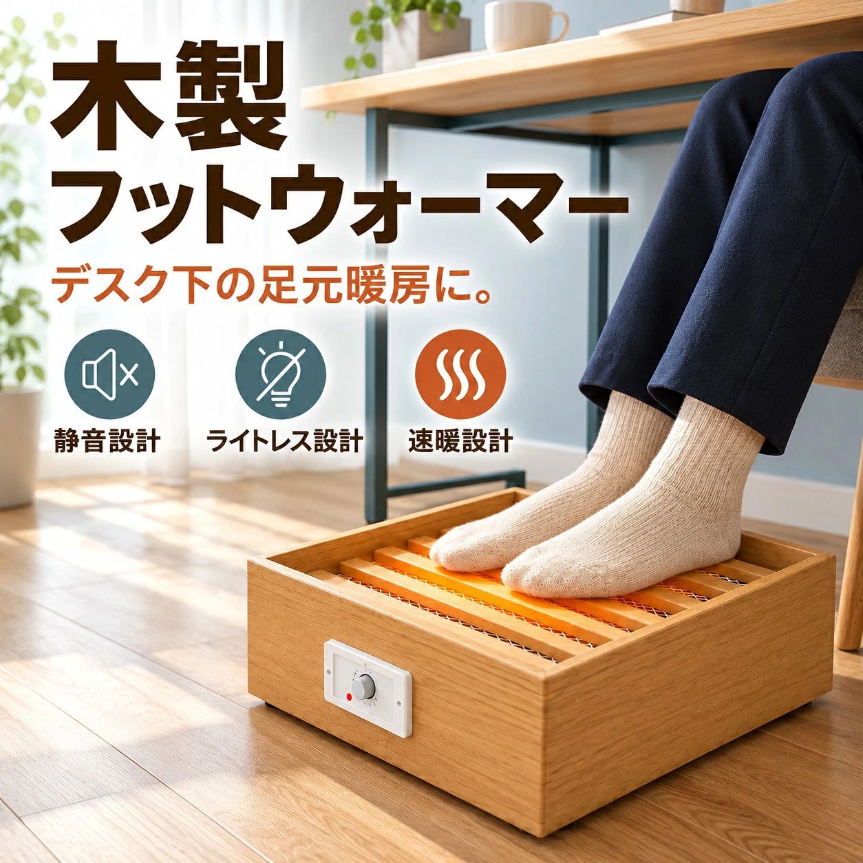 足元ヒーター フットヒーター 電気足温器 足温器 フットウォーマー 木製 足置き デスク下 オフィス 在宅勤務 テレワーク 静音 速暖 省エネ 温度調節 自動温度制御 過熱防止 天然木 均一加熱 足元暖房 足先 冷え対策 デスクワーク 勉強 読書 冬 おしゃれ ナチュラル リビング