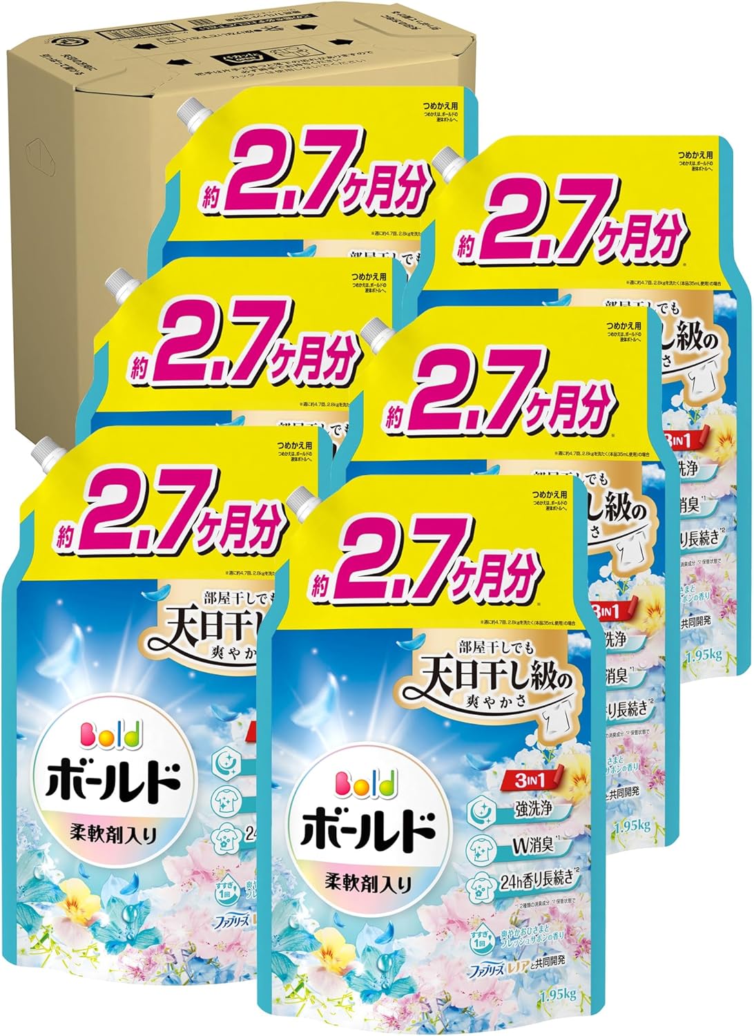 Bold ボールド 柔軟剤入り 洗濯洗剤 液体【爽やかおひさまとフレッシュサボンの香り】詰替え 1950g×6袋　(大容量） 新しい洗濯洗剤のボールドジェルは部屋干しでも天日干し級の爽やかさ3IN1で強洗浄+W消臭+24h香り長続き部屋干しにもOK強洗浄ですすぎ1回でOK 5