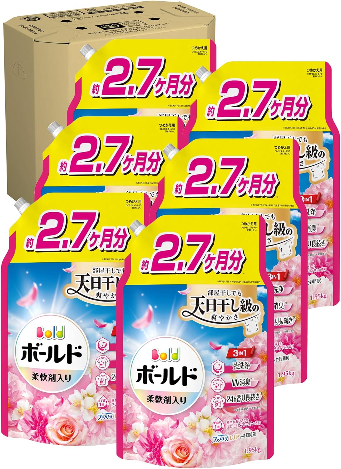 Bold ボールド 柔軟剤入り 洗濯洗剤 液体【華やかおひさまとプレミアムブロッサムの香り】詰替え 1950g×6袋　(大容量） 新しい洗濯洗剤のボールドジェルは部屋干しでも天日干し級の爽やかさ3IN1で強洗浄+W消臭+24h香り長続き部屋干しにもOK強洗浄ですすぎ1回でOK 5