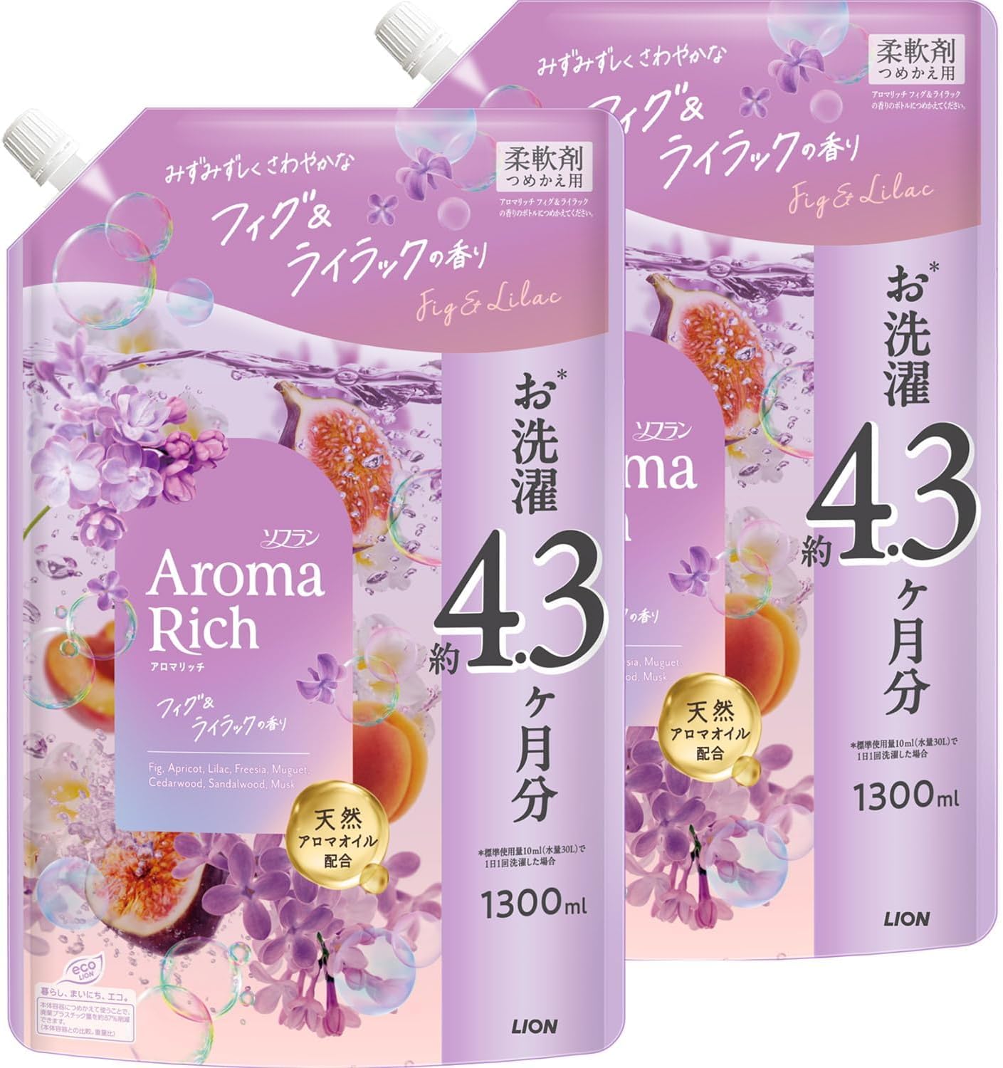 ソフラン アロマリッチ【フィグ＆ライラックの香り】詰替1300ml×2袋 フレッシュな甘さのフィグやアプリコットの香りが、ライラックのフローラルと組み合わさった、みずみずしいさわやかな香り注ぐときから脱ぐときまで、好きな香りが変わらず続きます。 5