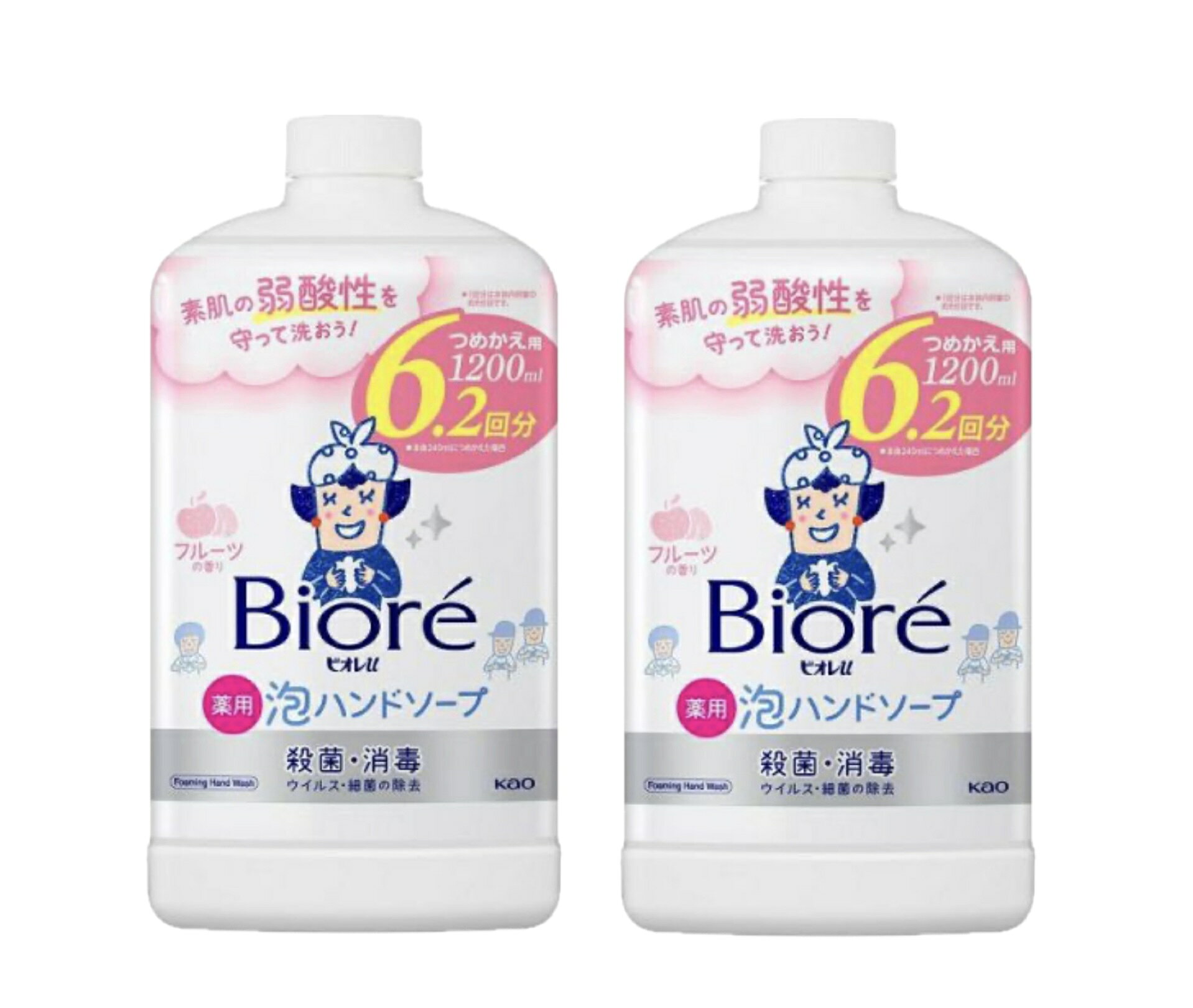 ビオレu 薬用　泡ハンドソープ（フルーツの香り）詰替え 1200mL ×2個 泡立ちがよく長持ちの泡なのに、素早くすすげる。殺菌成分配合。汚れ、ウイルス・細菌を除去。素肌とおなじ弱酸性。 5