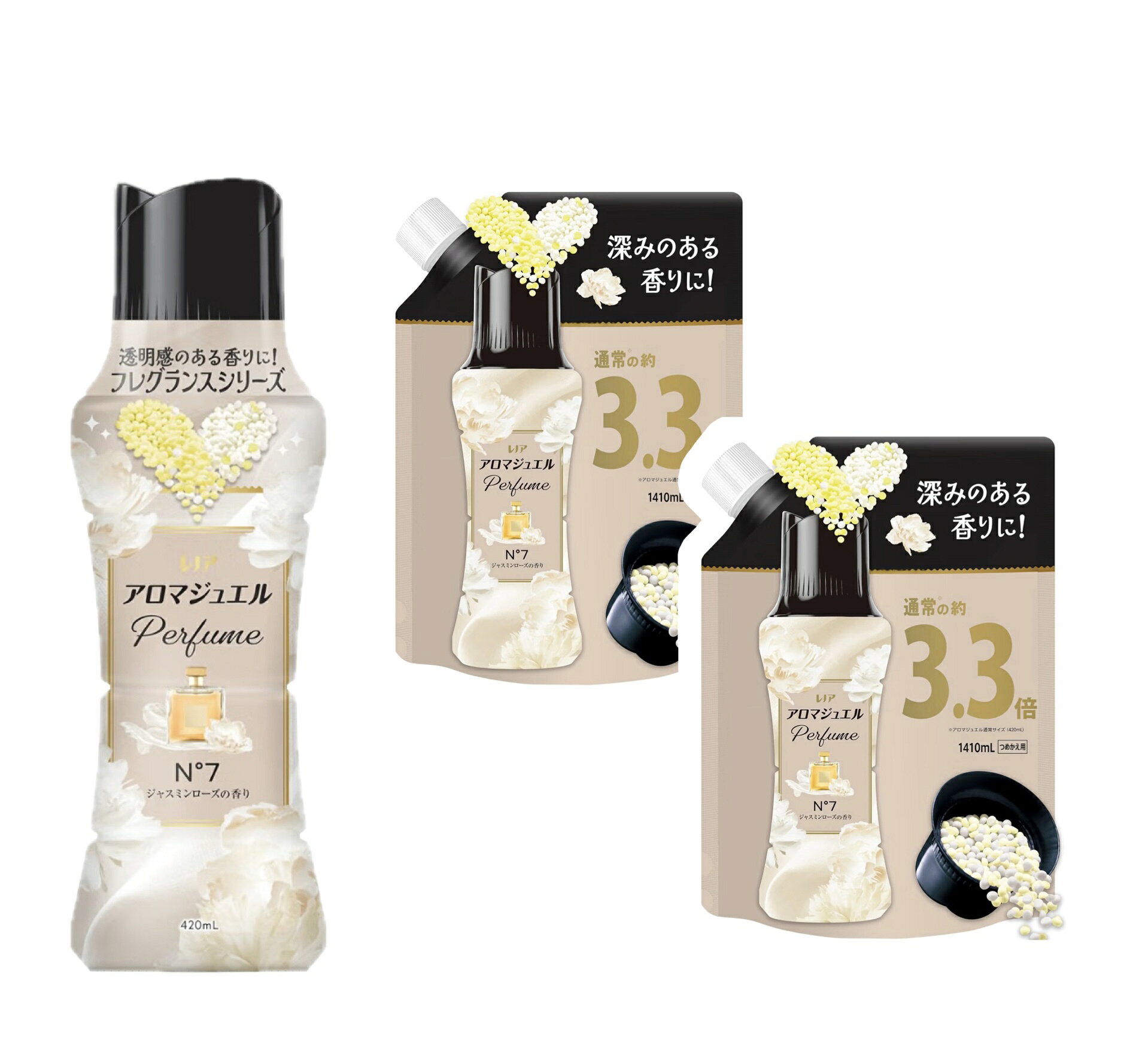 レノア アロマジュエルPerfume N°7 香り付けビーズ【ジャスミンローズの香り】本体＋詰め替え 1410mL×2袋（大容量） ジャスミンとローズが豊潤に香りたつ、華やかで洗練されたフローラルブーケの香り。柔軟剤と比べて、超吸水*&香り長続きお洗濯のはじめに入れるだけ！ 5
