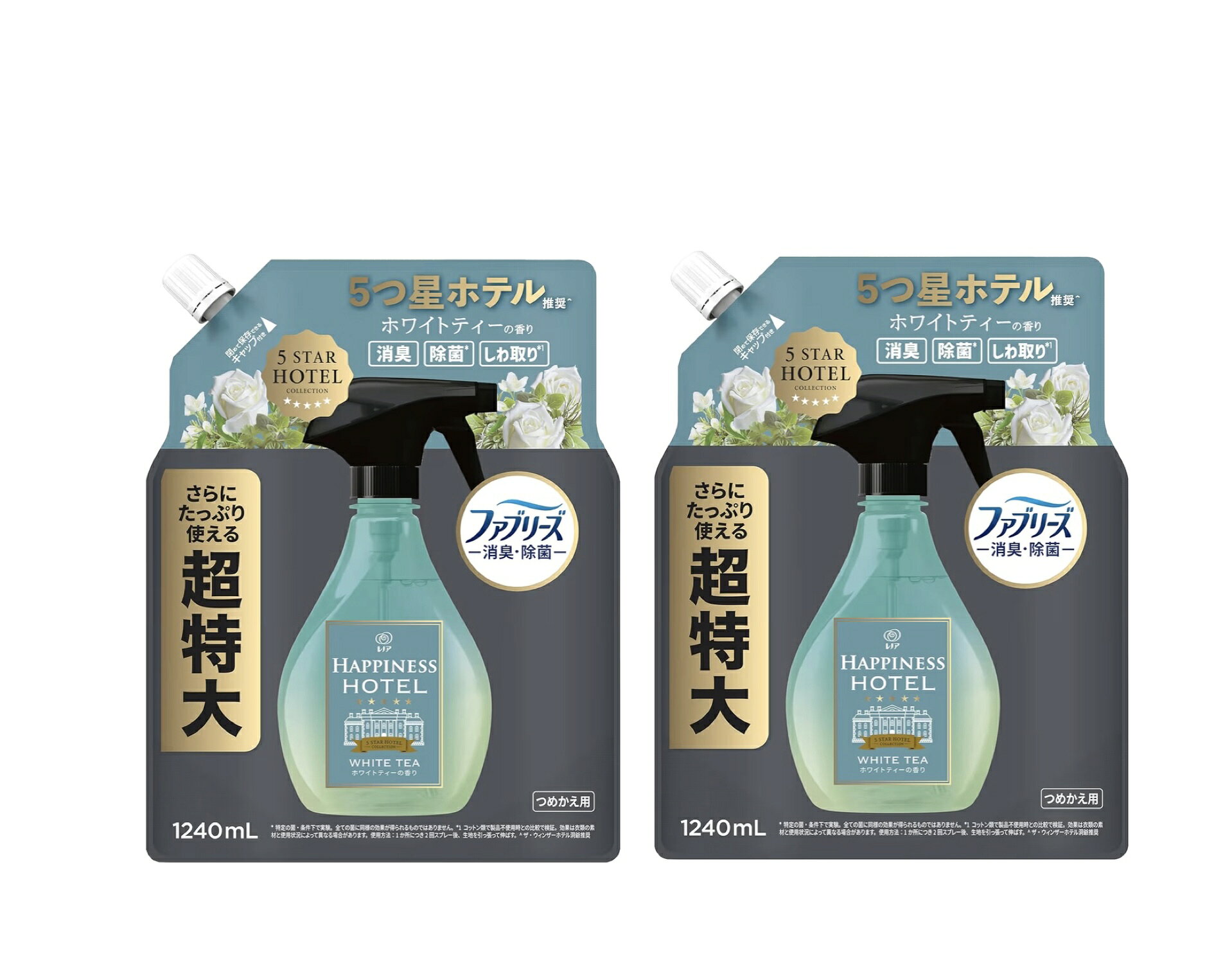 レノアハピネス ミスト【ホワイトティーの香り】詰替え 超特大サイズ1240mL ×2袋（大容量） 玄関にシュッまるで5つ星ホテルのエントランスに香り長続き肌に触れる衣類やお子さまのいる家庭での使用もOK!玄関に ,お部屋に 5