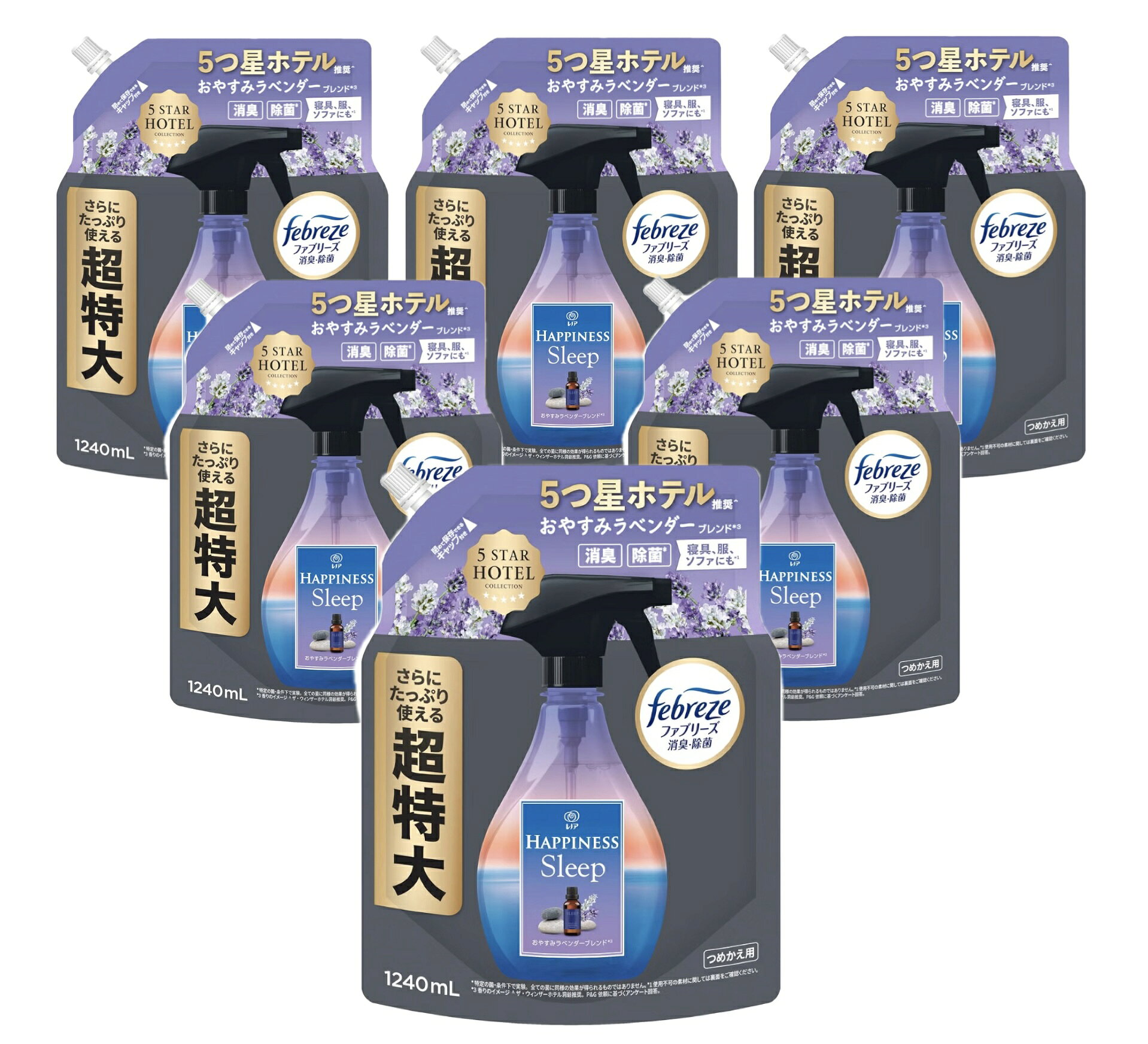 ファブリーズレノア HAPPINESS Sleep【おやすみラベンダーブレンドの香り】詰め替え 1240mL×6袋（大容量) おやすみ前にシュッで睡眠環境を整えるフランス産のラベンダーを使用100%自然由来で心癒される香りファブリーズと共同開発で消臭・除菌*効果も 5