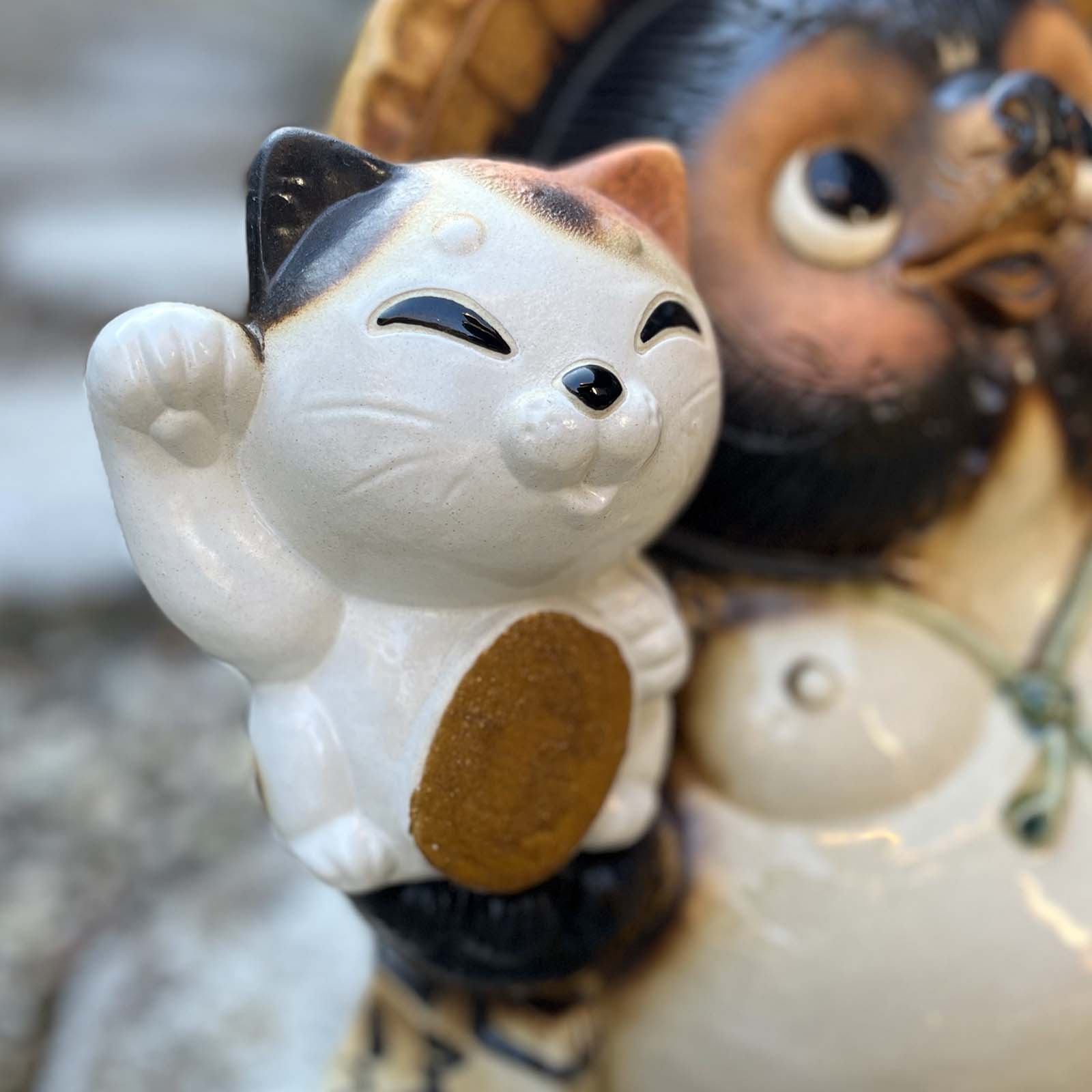 ふくろう・招き猫付き狸 かわいい ふくろう 招き猫 置物 陶器 信楽焼 たぬき 和風 インテリア 開運グッズ 縁起物 プレゼント 贈り物に