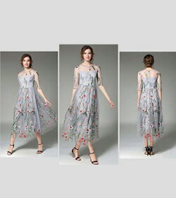パーティードレスミモレ丈花柄刺繍ワンピース20代30代40代袖ありパーティードレスレディース結婚式ミモレ丈ワンピース結婚式二次会謝恩会成人式同窓会フォーマルドレスお呼ばれフォーマル春夏グレーSMLXLXXL短納期
