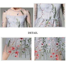 パーティードレスミモレ丈花柄刺繍ワンピース20代30代40代袖ありパーティードレスレディース結婚式ミモレ丈ワンピース結婚式二次会謝恩会成人式同窓会フォーマルドレスお呼ばれフォーマル春夏グレーSMLXLXXL短納期