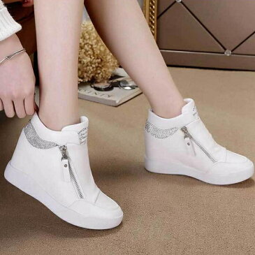 送料無料 インヒールスニーカー スニーカー レディース ハイカット( 白 黒 )厚底 ハイカットインヒールスニーカー ジップ スニーカー ハイカット スリッポン ヒール7cm ハイカットスニーカー レディース靴 シューズ 厚底スニーカー ハイヒール 小さいサイズ 大きいサイズ