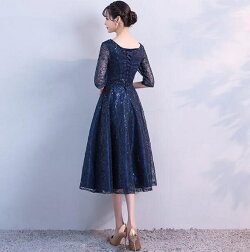 パーティードレスミモレ丈パーティードレス結婚式ドレス袖あり結婚式ワンピースパーティードレスミモレ丈ネイビー大きいサイズ入園式二次会謝恩会同窓会服装発表会大人フォーマル20代30代40代50代XSSMLXLXXL