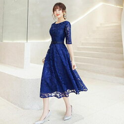パーティードレスミモレ丈結婚式ワンピース結婚式ドレス結婚式パーティドレスお呼ばれドレス袖あり袖ニ次会フォーマルリボンセレブ二次会パーティ2次会パーティードレスミモレ丈フォーマル入園式卒業式発表会入学式ネイビー黒グレー
