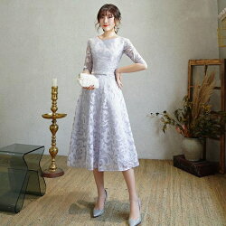パーティードレスミモレ丈結婚式ワンピース結婚式ドレス結婚式パーティドレスお呼ばれドレス袖あり袖ニ次会フォーマルリボンセレブ二次会パーティ2次会パーティードレスミモレ丈フォーマル入園式卒業式発表会入学式ネイビー黒グレー