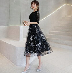 結婚式ワンピースパーティードレスpartydress結婚式袖あり膝丈レースミニドレスミディアムミモレ丈パーティドレスフォーマルドレスブライズメイド大人二次会ブラック黒20代30代40代50代同窓会お呼ばれ可愛い秋冬卒業式謝恩会