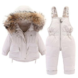 送料無料ダウンコート子供服キッズ2点セット子供服ベビー服ダウンコート+サロペットダウンジャケットアウターラクーンファー付きアウトドアキッズジャケット【雪遊び&防寒】お出かけ外出着保温防寒秋冬用80cm90cm100cm110cm5色