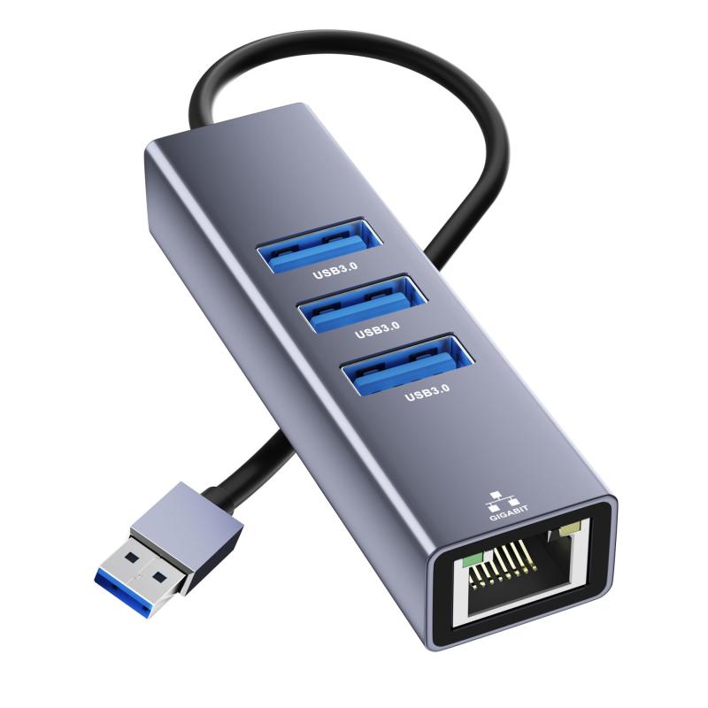 USB LAN変換アダプター 4-IN-1 USB ハブ 有線LANアダプター イーサネットアダプタ 【RJ45 1Gbps+3つUSB3.0ポート】1000Mbps高速 Type-A LANイーサネットコンバータ ギガビット LAN変換ケーブル USB
