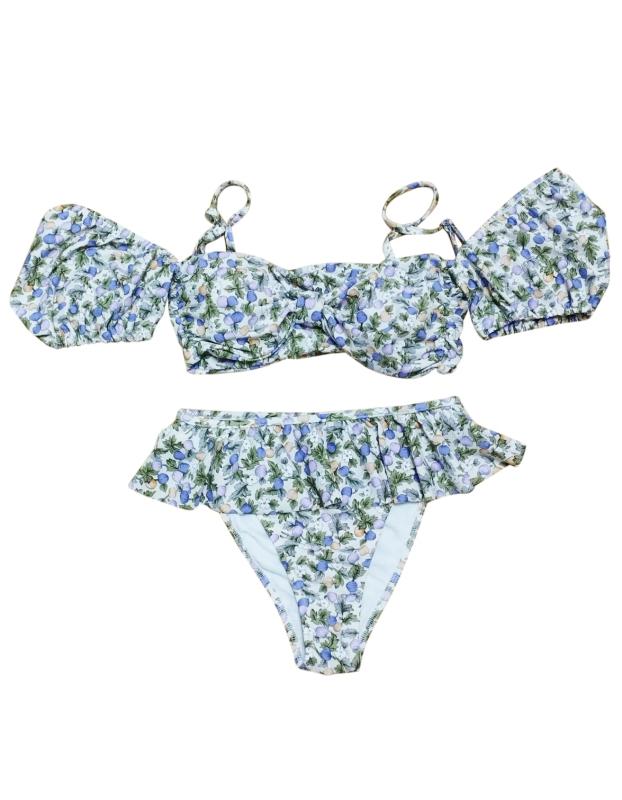 [マドルガーダフォービーチ] ビキニ 水着 パフスリーブ バンドゥ レディース ボタニカル リゾート パッド付き S803 (Mサイズ, ベリー＆フラワー)