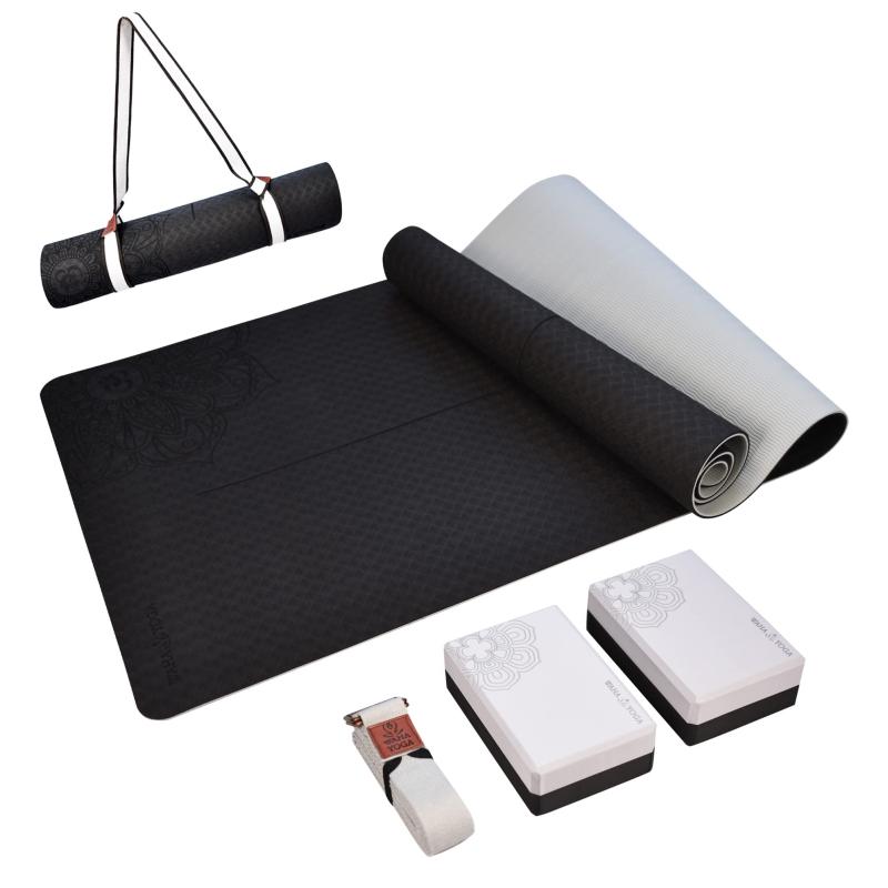 【 ヨガマットセット 】TPE素材 ヨガマット (幅 61 cm x 183 cm x 厚さ 6mm) + ヨガブロック 2個 + ヨガストラップ + キャリーベルトのサムネイル