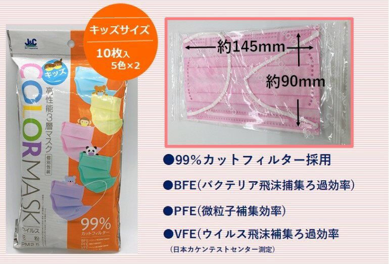 【まとめ買い・5個セット】J＆C 高性能3層カラーマスク　個別包装　不織布　使い捨て　こどもサイズ　10枚入り×5個(50枚) ウイルス 花粉 PM2.5 キッズ サイズ 5色(ライトブルー ピンク イエロー グリーン パープル) 旅行用 予備