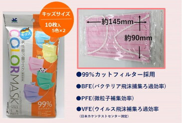 【10個セット】J＆C 高性能3層カラーマスク　個別包装　不織布　使い捨て　こどもサイズ　10枚入り×10個