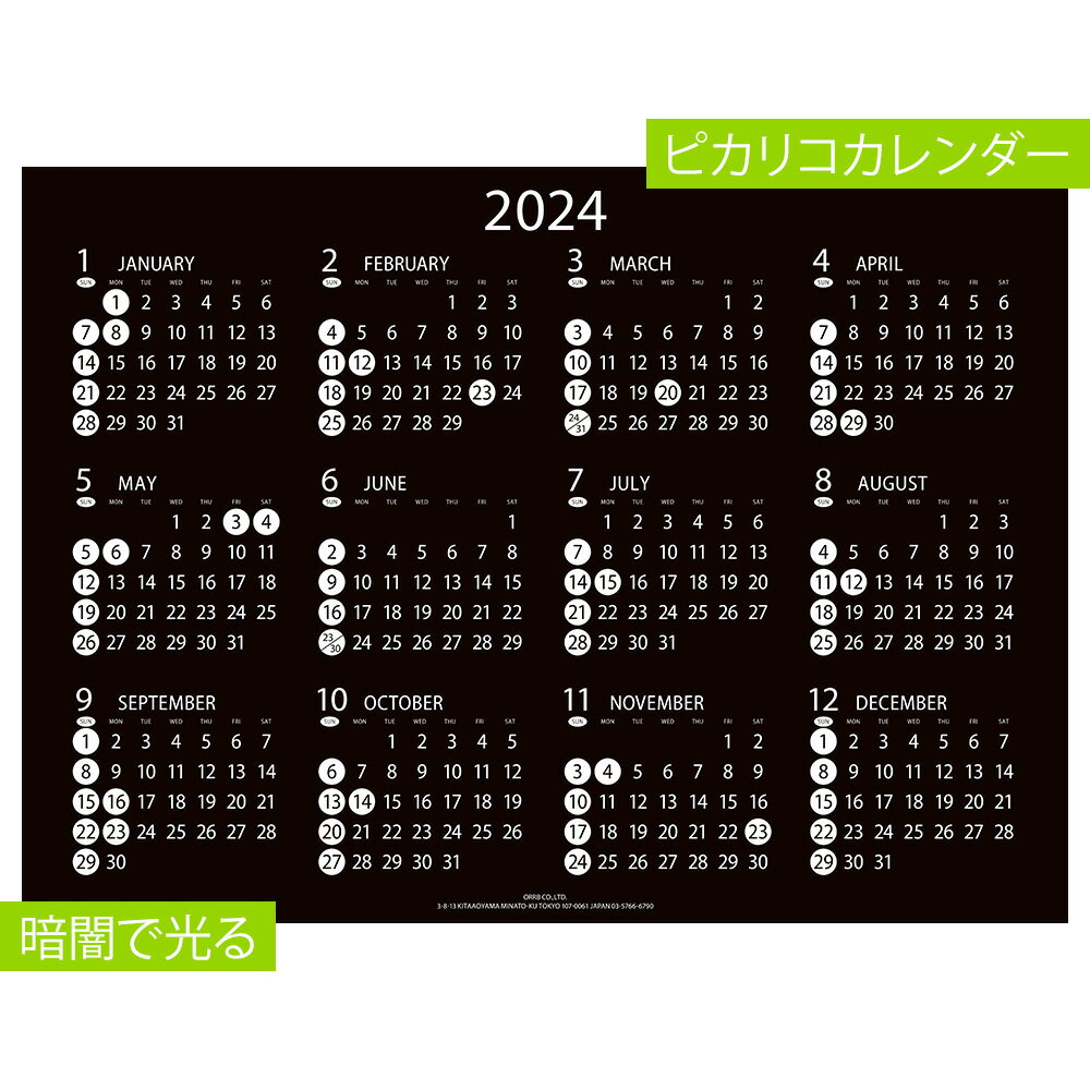 【楽天マラソン限定クーポン配布中】カレンダー 2024 壁掛け 光るカレンダー 日曜始まり 年間 1枚 365日 ピカリコ オフィス リビング 会社 黒字 白抜き おしゃれ PI-1450