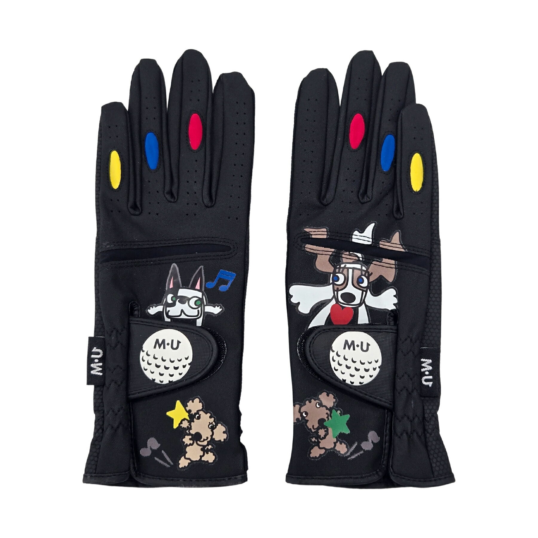 [MU SPORTS] ゴルフ レディース グローブ 703R6824 両手用 2025 秋冬 AW GOLF PU素材 安定感 関節Lycra ストレッチ 掌エンボス加工PU グリップ力 左右違うキャラクター アーモ メルー シュシュ Happyデザイン カラフル おしゃれ 可愛い ホワイト ブラック S M L