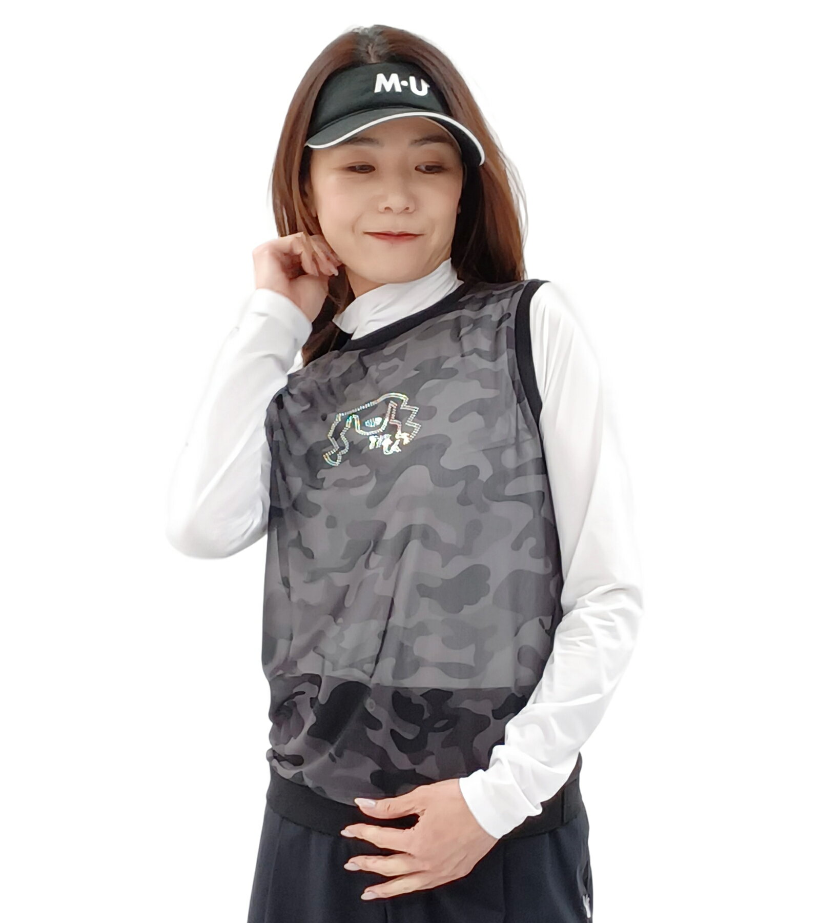 [MU SPORTS] ゴルフ ベスト カモフラレイヤーラインストーン / カモフラージュ柄 レイヤーベスト シャープ ラインストーン レディース ゴルフ女子