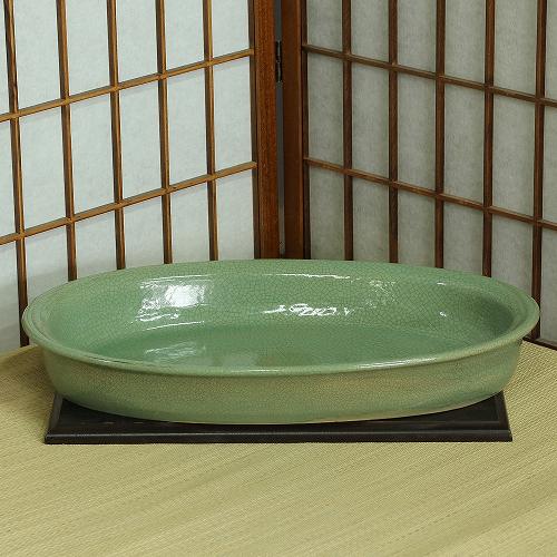 信楽焼 水盤 青磁 小判 16号 生け花 花器 池坊 小原流 創作 陶器 生花 在庫数限り 在庫処分 和風 庭 花瓶 華道 花入 フラワーベース 立花 ギフト 信楽焼き 華道 未生流 古流 遠州流(M-14)