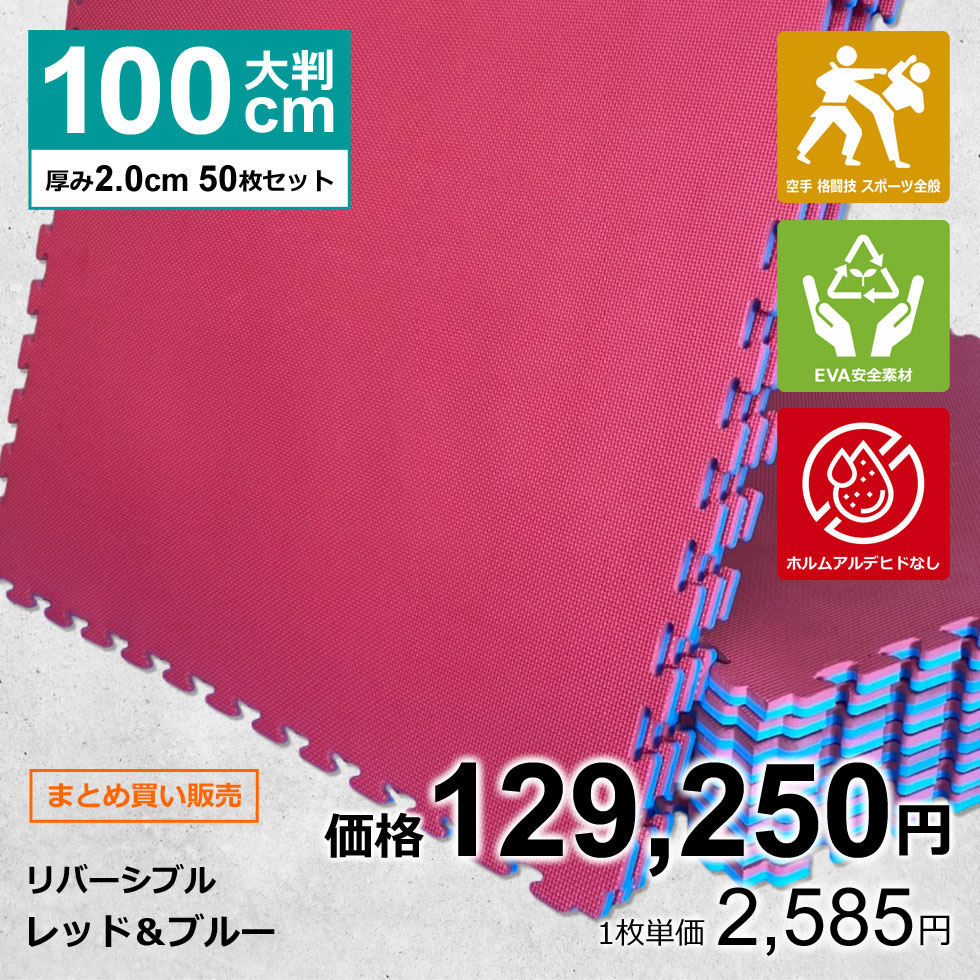 【50枚セット】ジョイントマット 大判 サイドパーツ付 空手 格闘技 赤/青 100cm×100cm 厚さ2cm 衝撃吸収 防音 抗菌 防臭 EVA ジムマット トレーニング 合気道 テコンドー プレイマット フロアマット ハード MUGEN 洗える キッズ パズルマット クッションマット