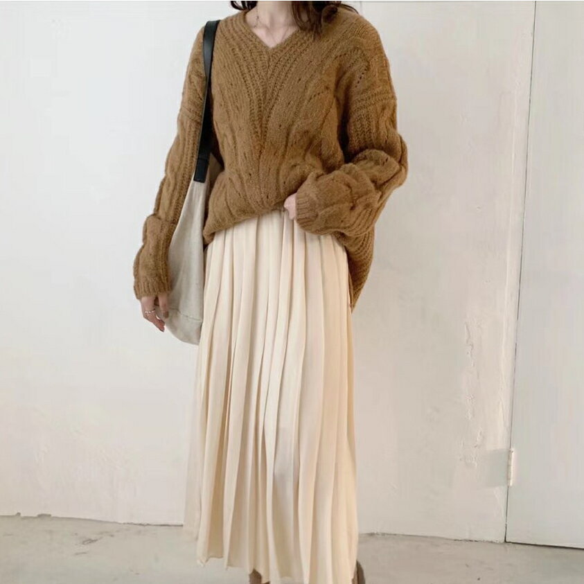 ゆるゆるニット シンプル デイリー おでかけ ニット セーター 長袖 春夏 ゆったり Vネック ケーブル カジュアル ガーリー