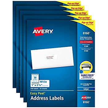 Avery アドレスラベル 確実なフィード付き インクジェットプリンター用 1インチ x 2-5/8インチ 3%カンマ%750ラベル 永久粘着 (5パック 8160)