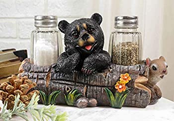 ブラックBaby Bear Playing WithログFigurine塩コショウ入れホルダースタンドダイニングテーブルCenterpiece