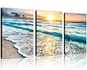 【中古】【輸入品 未使用】QICAI 3 Panel Canvas Wall Art for Home Decor Blue Sea Sunset White Beach Painting The Picture Print On Canvas Seascape the Pictures For