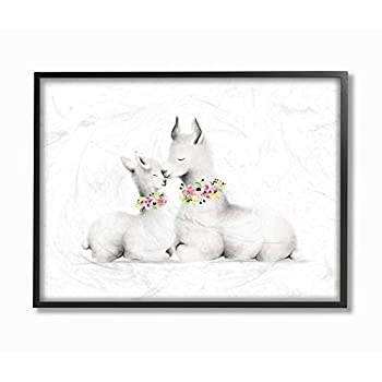 šۡ͢ʡ̤ѡThe Kids Room by Stupell Cute Cartoon Baby Llama and Mama Family Flowers Farm Animal Painting Black Framed Wall Art%% 24 x 30%% M