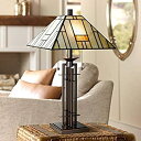 【中古】【輸入品 未使用】Mission Tiffany Style Table Lamp Art Deco Wrought Iron Dark Bronze Brown Gold White Stained Glass Shade for Living Room Bedroom House B